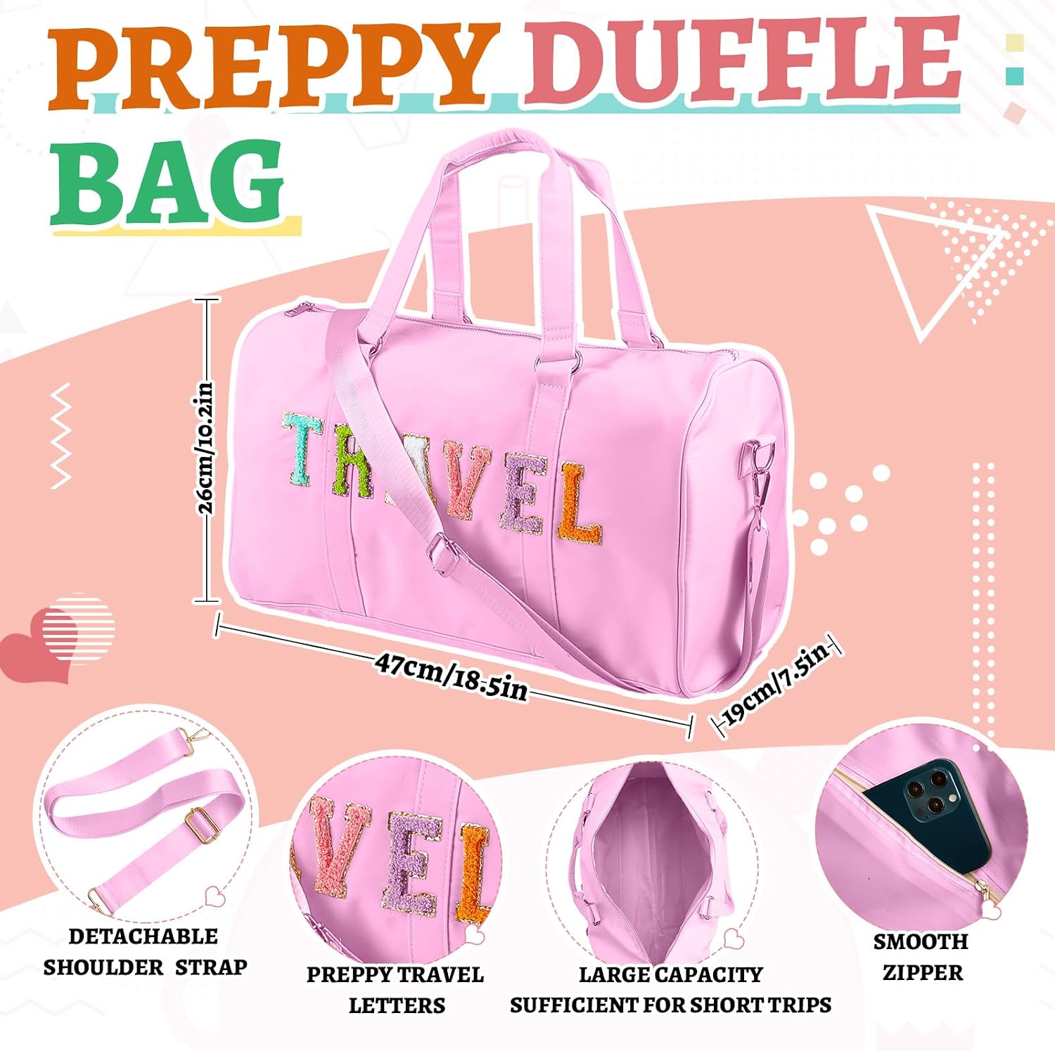 Shinylin 2 Pcs Travel Preppy Duffle Bag and Chenille Letter Makeup Pouch Cosmetic Zipper Patch Weekender Carry on Tote Bag for Women(Pink)