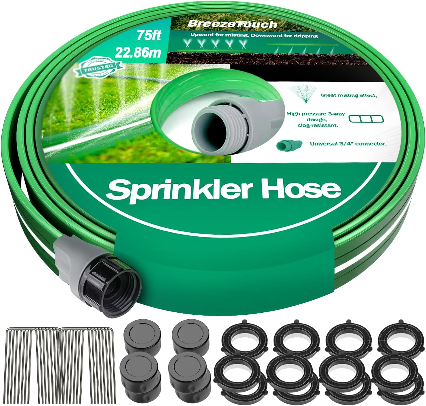 Breeze Touch 75FT Sprinkler Hoses for Lawn, Three-Tube Flat Sprinkler Hose with Holes, Heavy Duty Soaker Hose for Garden with U-Shaped Stakes, Flexible Irrigation Hose for Yard
