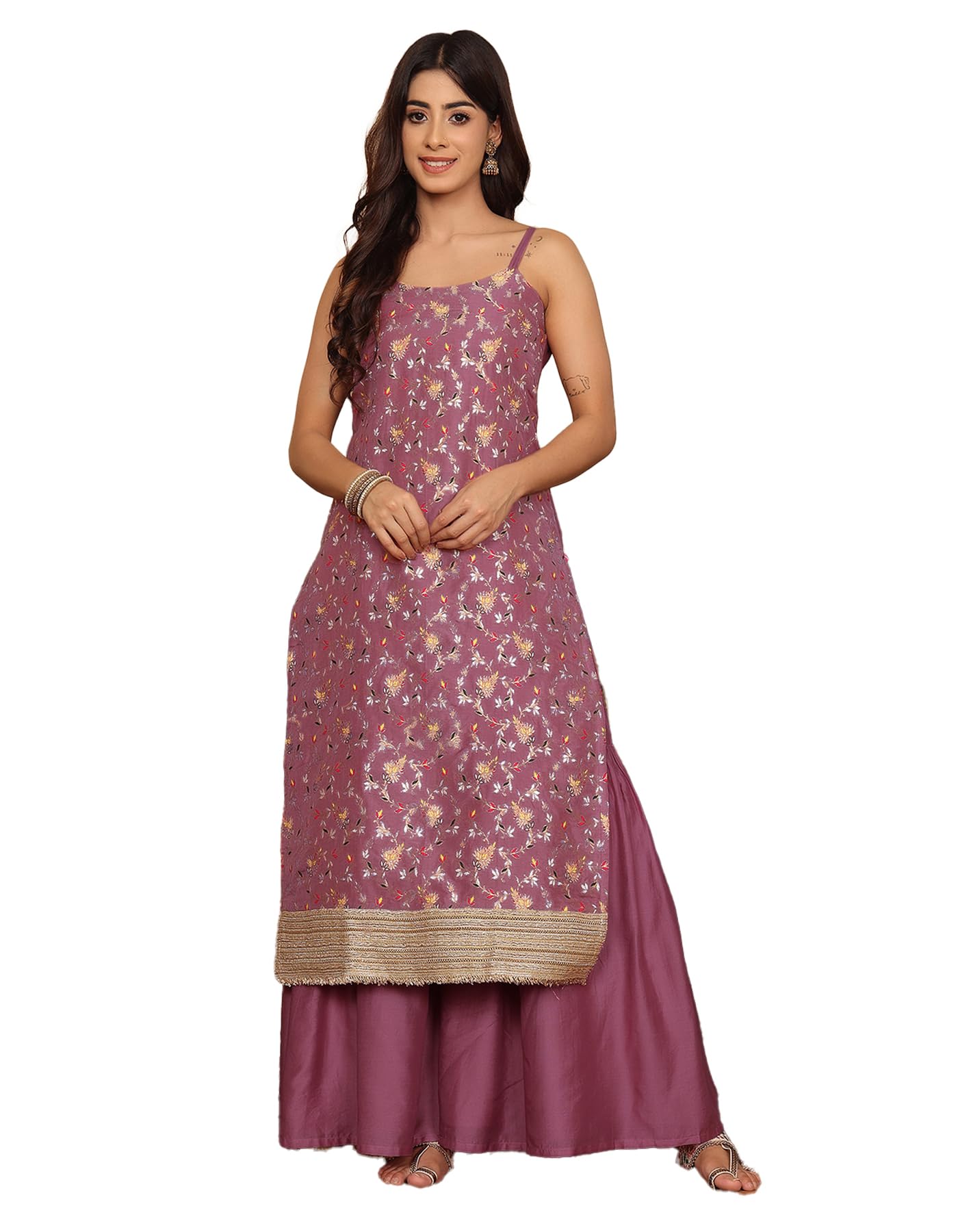 Varanga Women Pink Brocade Strap Sleeves Kurta With Sharara And Dupatta