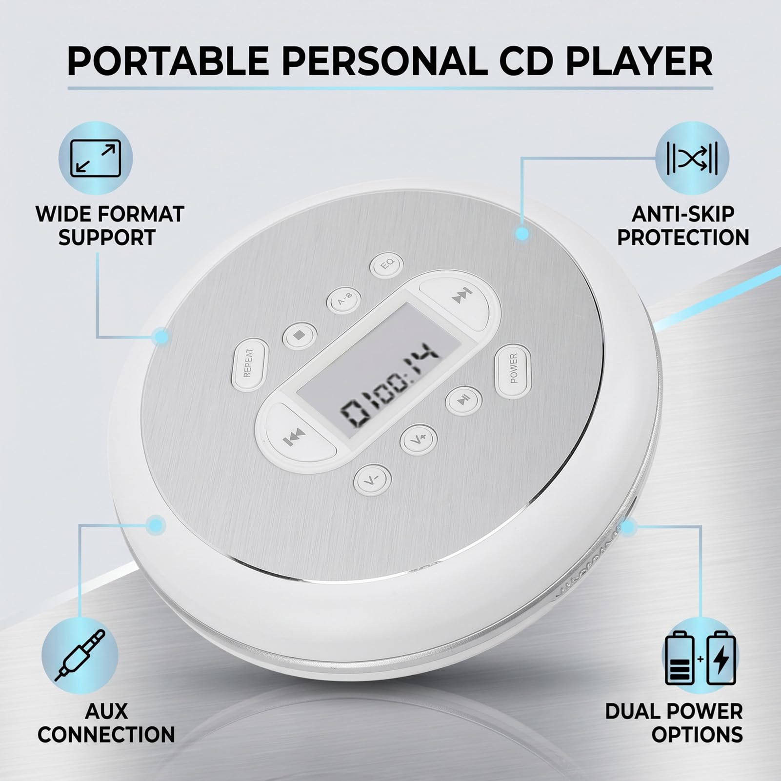 Tangxi Lettore CD Portatile con Cuffie, Lettore CD Portatile per Auto con Funzione di Ripetizione Protezione Anti Salto, Cavo AUX, per Sport Domestici All'aperto