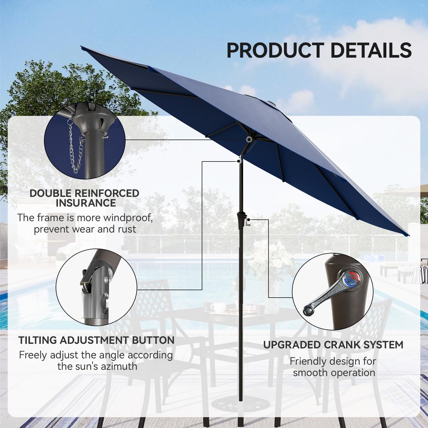 Nalupatio 10ft Outdoor Patio Umbrella,Table Umbrella,Yard Umbrella,Heavy-Duty Round Market Umbrella with 8 Sturdy Ribs,Push Button Tilt and Crank for Garden,Deck,Backyard,Pool-Navy