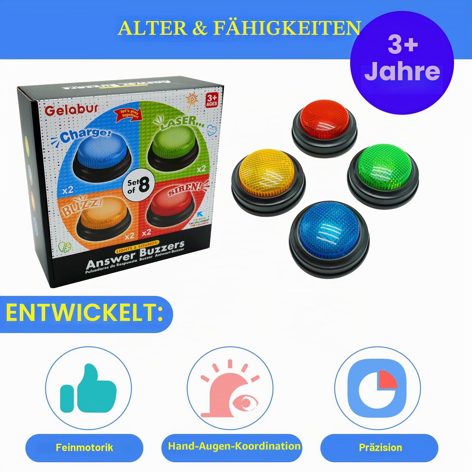 Gelabur 8er-Pack Buzzer für Quizspiele, Antwort-Summer für Klassenzimmer, Familienfeud-Gefahren-Summer, Spiel-Summer mit Lichtern und Sound für Klassenzimmer, Spielshow-Summertasten