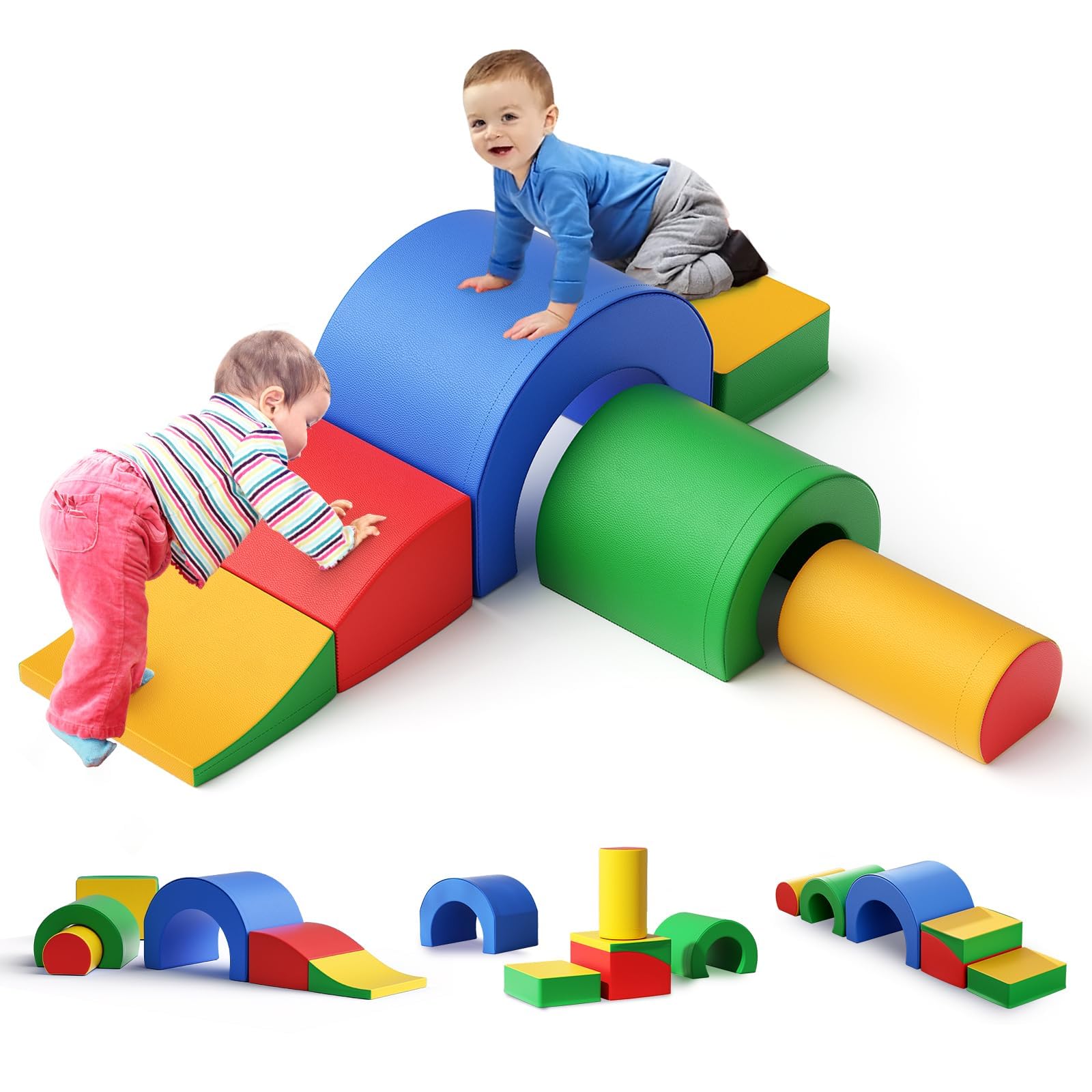 Schaumstoff Bausteine Kinder, Kletterbausteine aus Hochdichteschaumstoff, rutschfeste PU-Hülle, Motorikspielzeug & Montessori Spielzeug für Babys und Kleinkinder (Tunnel – farbig)