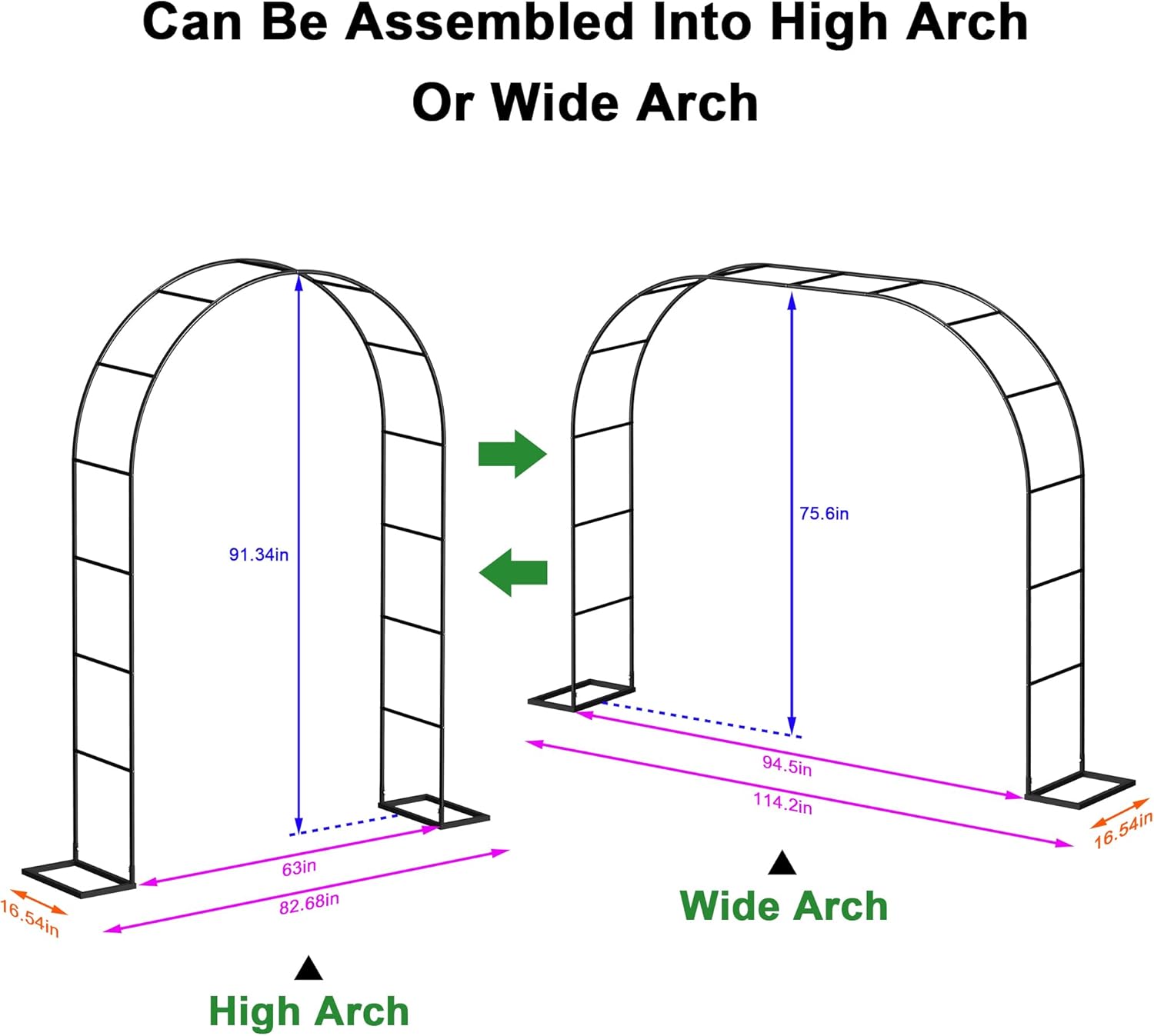 Metal Garden Arch Trellis,Pergola Arbor with 2 Assembled Sizes 6.3ft Wide X 7.6ft High or 7.5ft Wide X 6.6ft High,Garden Arbor for Climbing Plant Outdoor & Indoor, Wedding Arch Party Bridal, Black