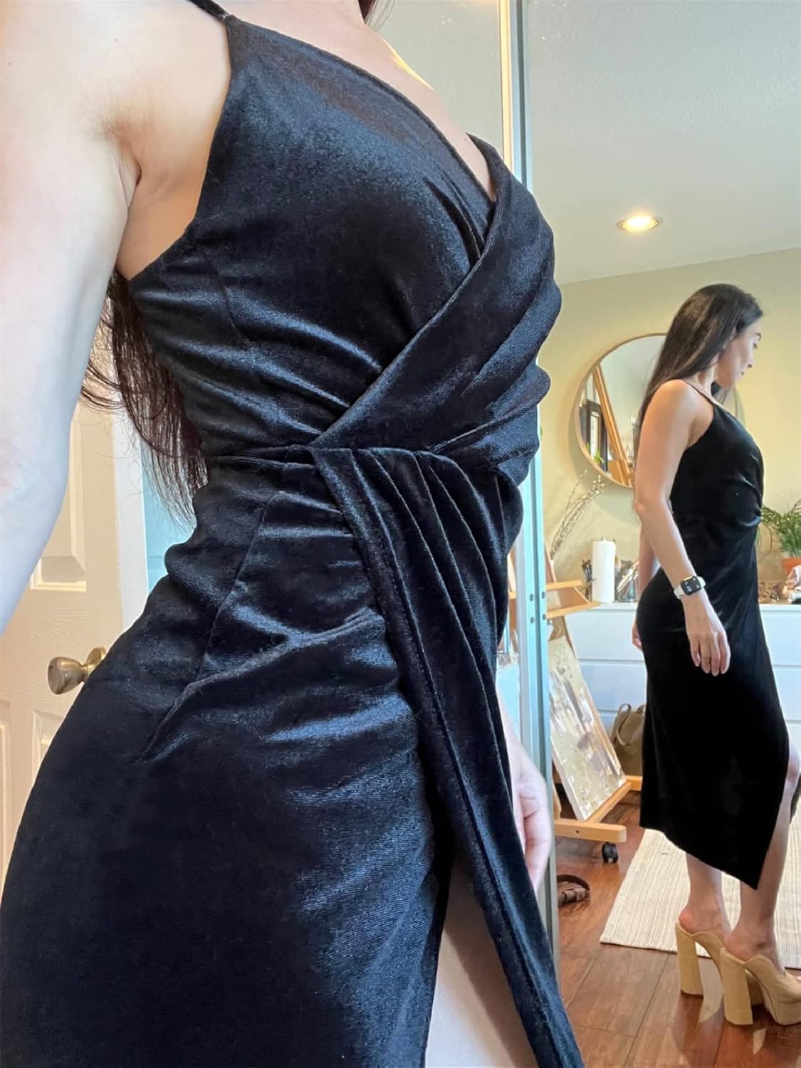 Missufe Women's Sleeveless Spaghetti Strap Wrap V Neck Bodycon Ruched Slit Midi Party Cocktail Velvet Dress (Pure Black, Small) - Image 4