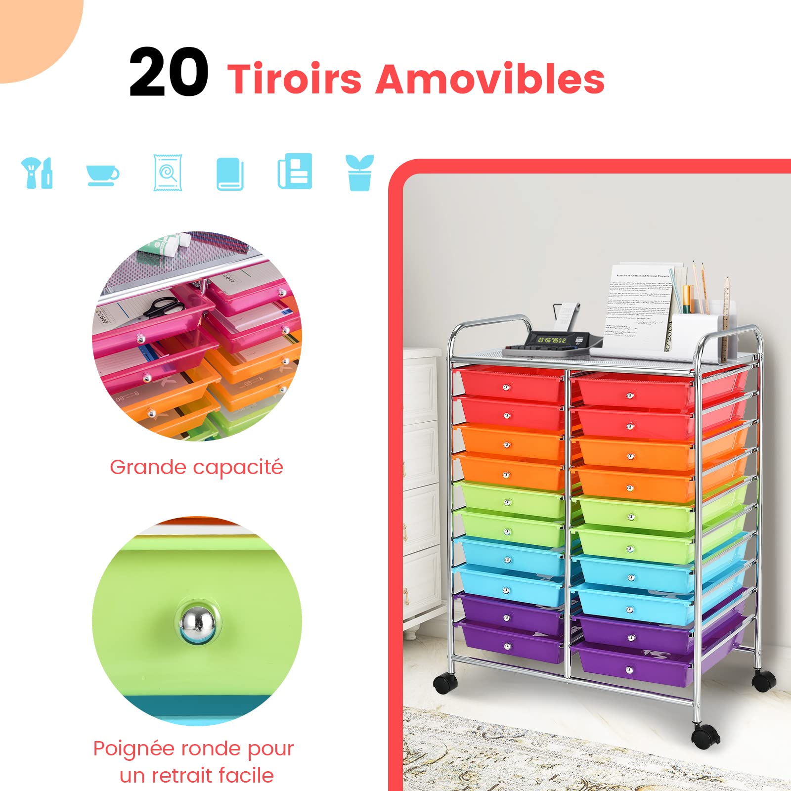 GOPLUS Chariot de Rangement 20 Tiroirs, Tour de Rangement à roulettes, Cadre en Acier, pour Chambre, Bureau, 64 x 38 x 87 CM, Multicolore