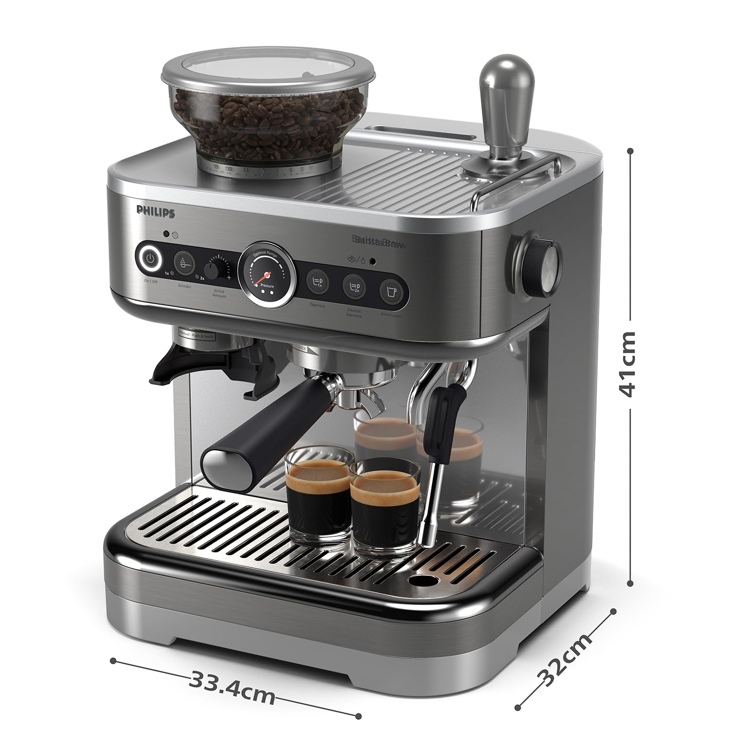 Philips Macchina per espresso semi-automatica Barista Brew - Guida Intuitiva, Pressino Calibrato, Design Elegante, Contenitore per Chicchi 250 g, metallo Argento (PSA3218/01)