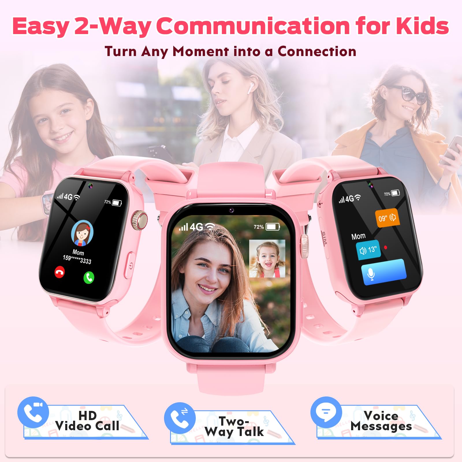 4G Smartwatch Kinder, Kinder Telefonuhr mit Videoanruf, Voice Chat, GPS, SOS, Schulmodus, Wecker, Schrittzähler, Spiele, Smart Watch für Jungen Mädchen Kinderuhr Geschenke 4-12 Jahren (Orangerosa)