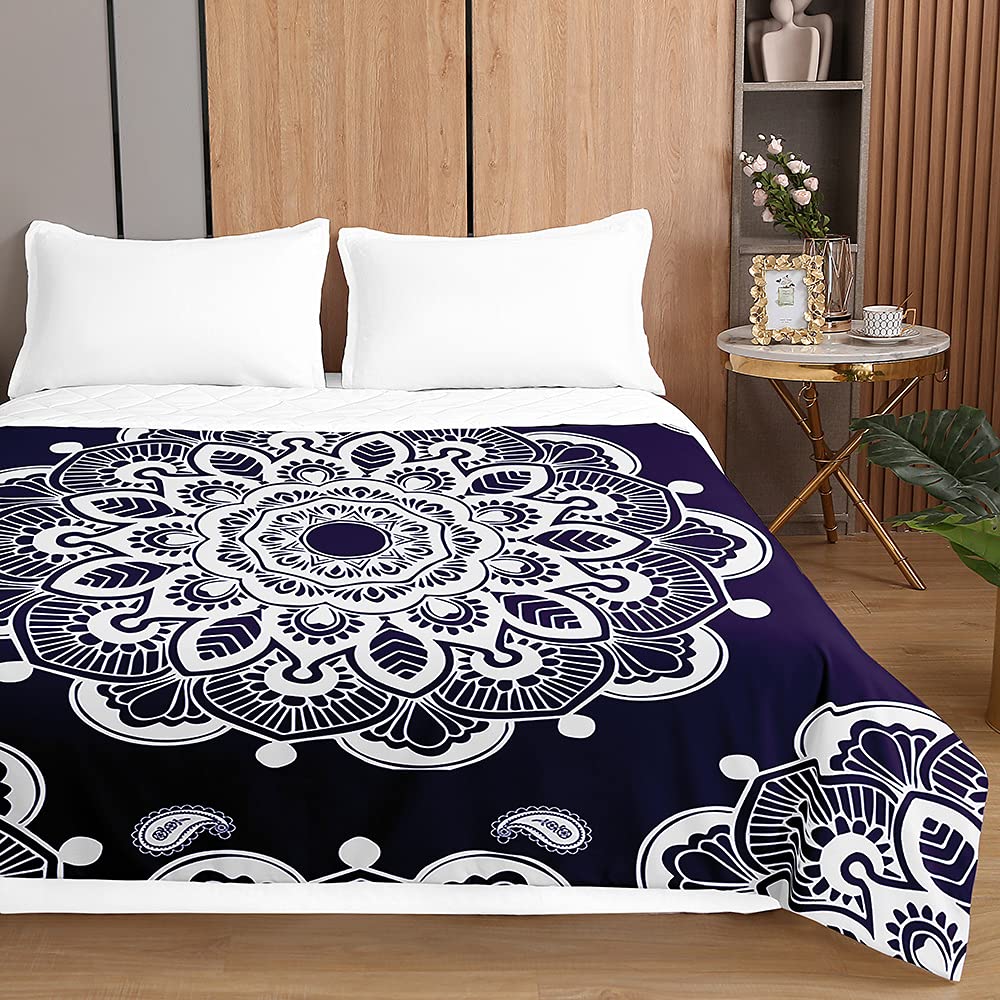 Couvre-Lit Matelassé Réversible Surwin Mandala 3D - Paon Bleu 150x200cm Pour Lit 1-2 Personnes