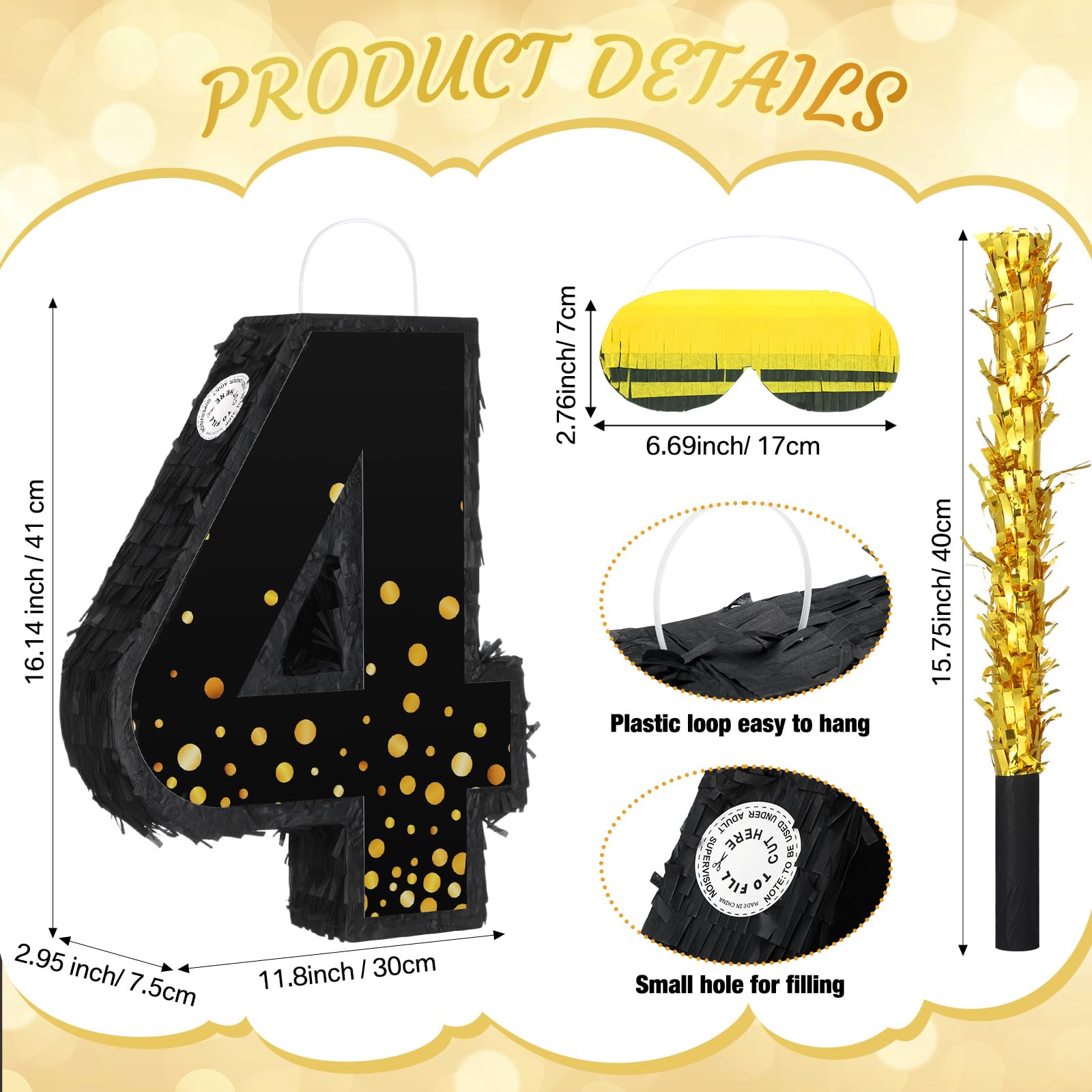 Poen Number 3 4 5 6 Piñata Decorations Black and Gold Jumbo Number Piñata with Blindfold Stick Confetti and Eye Mask for Birthday Party Anniversary Graduation Retirement Supplies(Number 4)