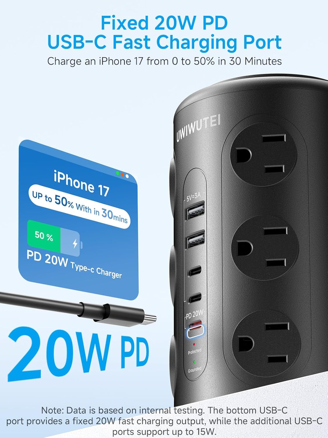 tower power strip surge protector with wireless charging & night light - pd20w fast charging station,12 outlets, 5 usb (3 usb-c),1800j protection, 6ft extension cord, home office essentials (black) 6ft black