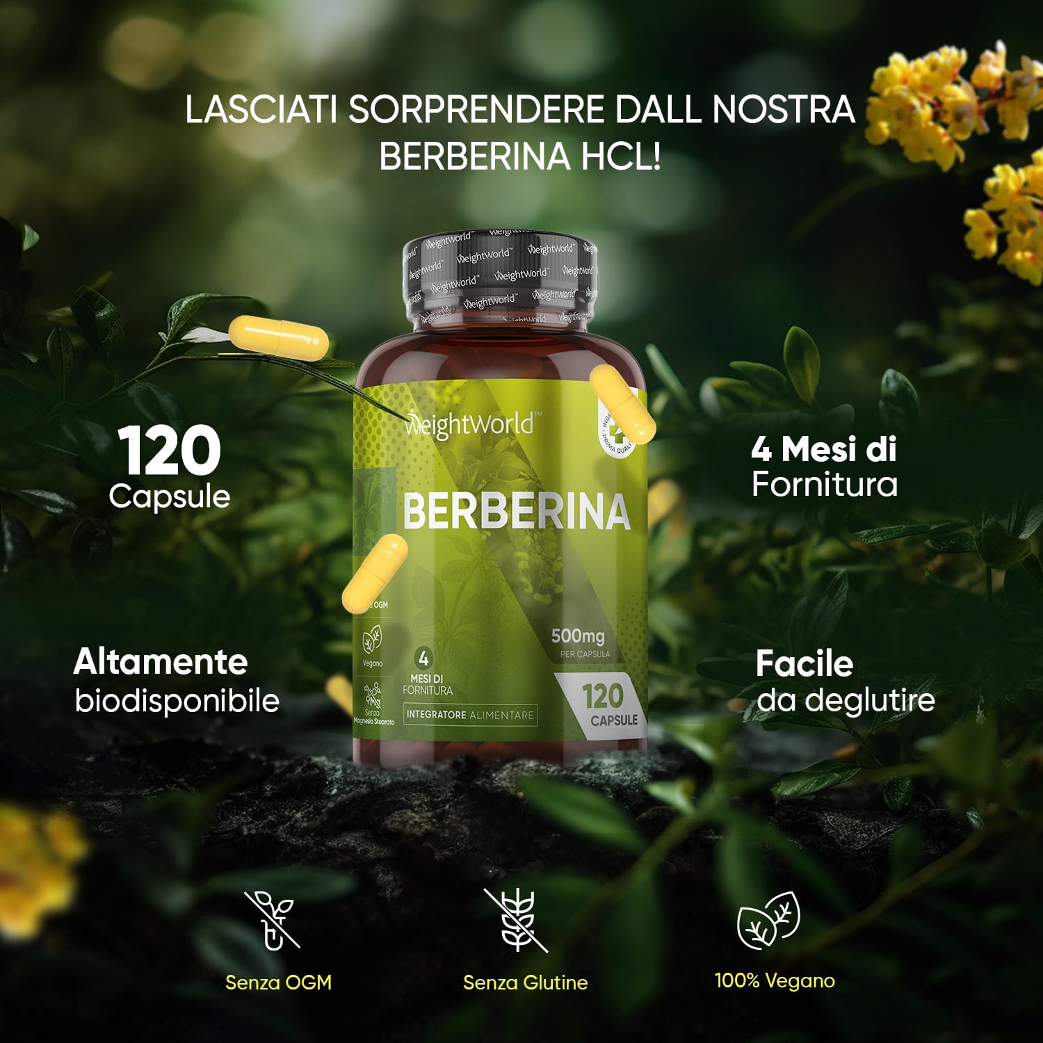 Berberina Alto Dosaggio, 120 Capsule Vegane (per 4 Mesi) di Pura Berberina HCL 95% da Berberis Vulgaris, Senza Magnesio Stearato, Berberina Integratore Senza Glutine né OGM, Integratore Berberina