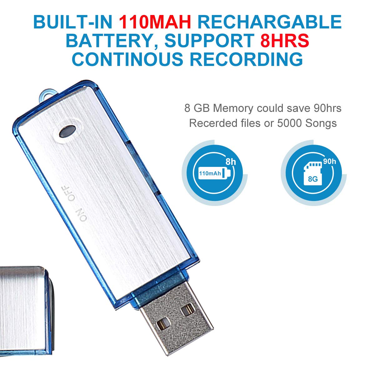 Mini Espía Grabadora de Voz,Lychee 8 GB Portatil Grabadora Activada por voz/90 Horas de Capacidad/USB Recargable/Carcasa de Metal/para Conferencias, Lecciones, Entrevistas (Azul)