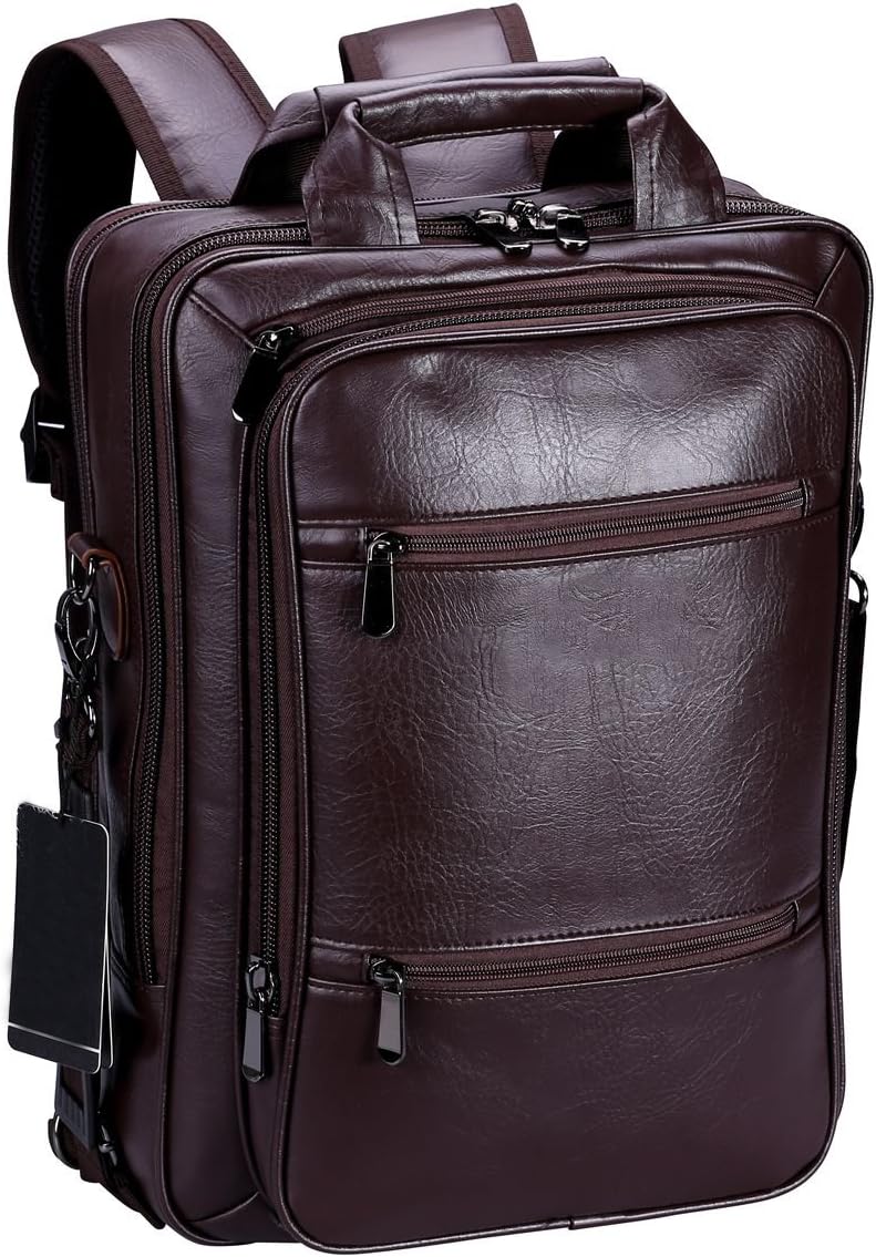 VIDENG POLOPro Laptop Leather Backpack Multi-Purpose Rucksack Briefcase Messenger Shoulder Bag Fits Up to 17inch for College School Students Business (WP-Brown-S6)