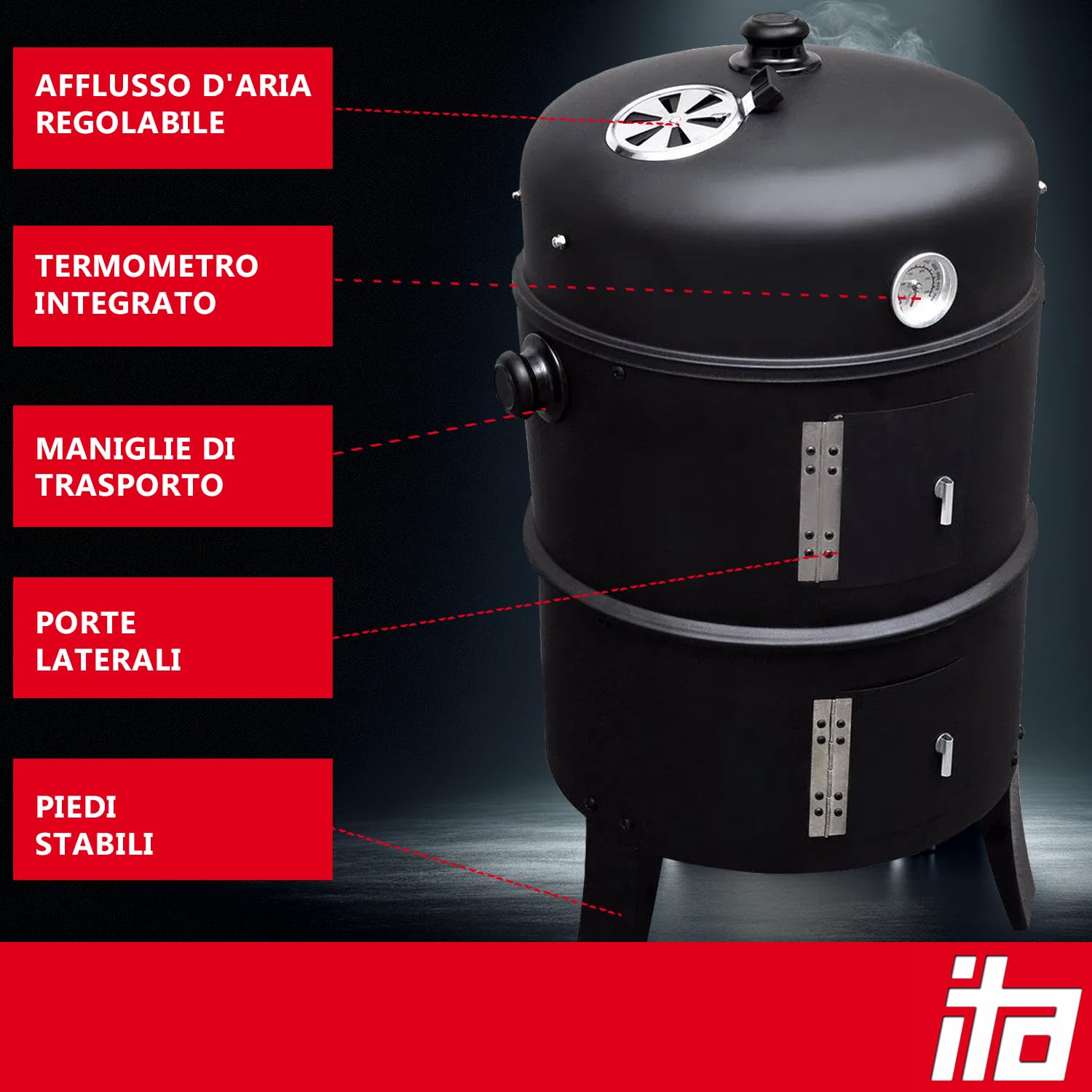 ITA Griglia Multifunzione 3 in 1 - Grigliare, Affumicare, Cuocere - Barbecue a Carbone modulare con termometro e Regolazione del Flusso d'Aria sul Coperchio - Griglia a Botte affumicatore