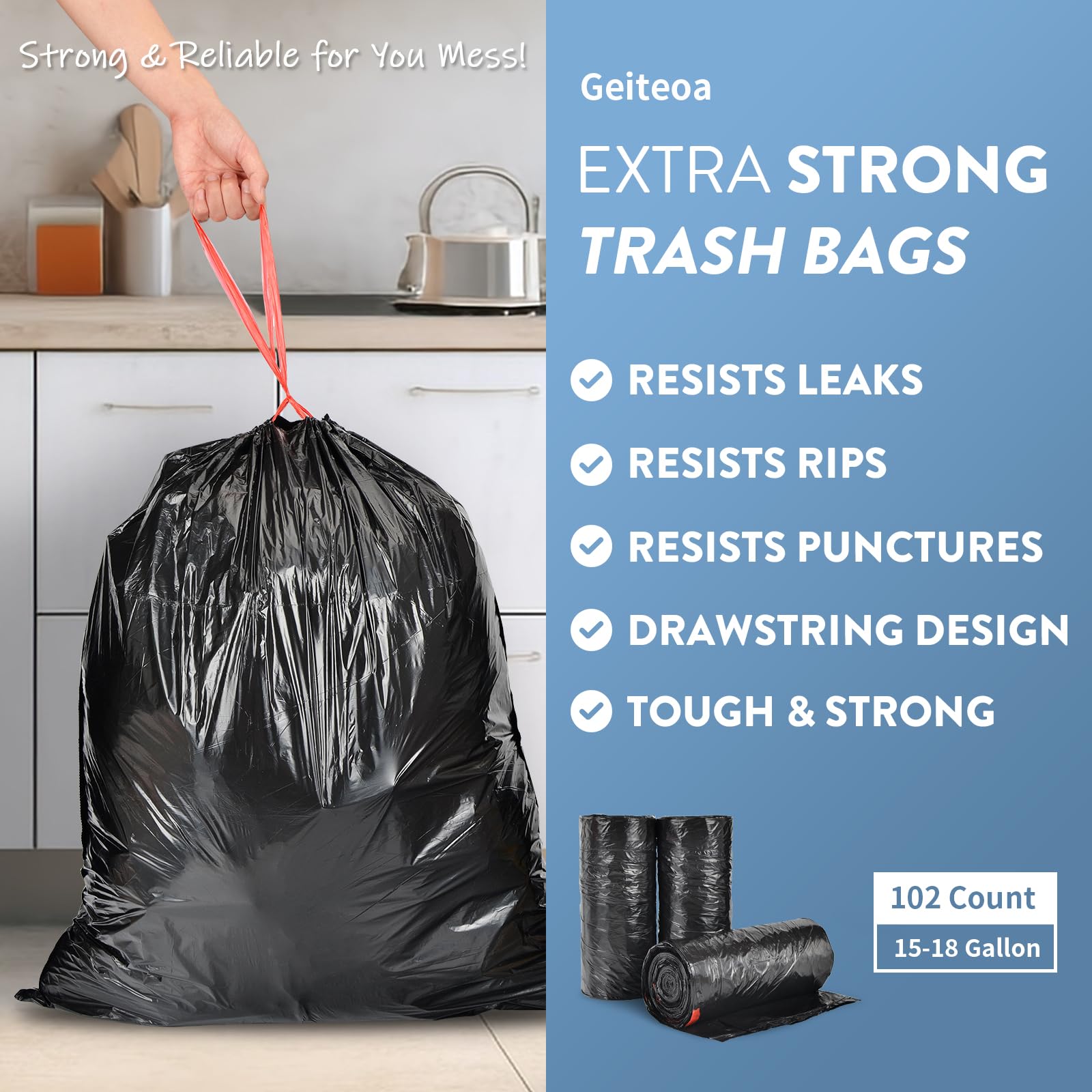 Geiteoa 15-18 Gallon Black Trash Bags with Drawstring (102 Count) Fit 14, 16, 20 Gal High Density Large Garbage Bags, Strong Plastic Trash Can Liners for Kitchen Lawn Commercial