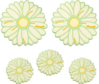 Chrysanthemum Pattern Set 5 Pieces Including 2 Pcs 5.9 Inch Trivets and 3 Pcs 3.5 Inch Coasters Heat Resistant to Protect Dining Table Non Slip for Coffee Mugs and Teacups