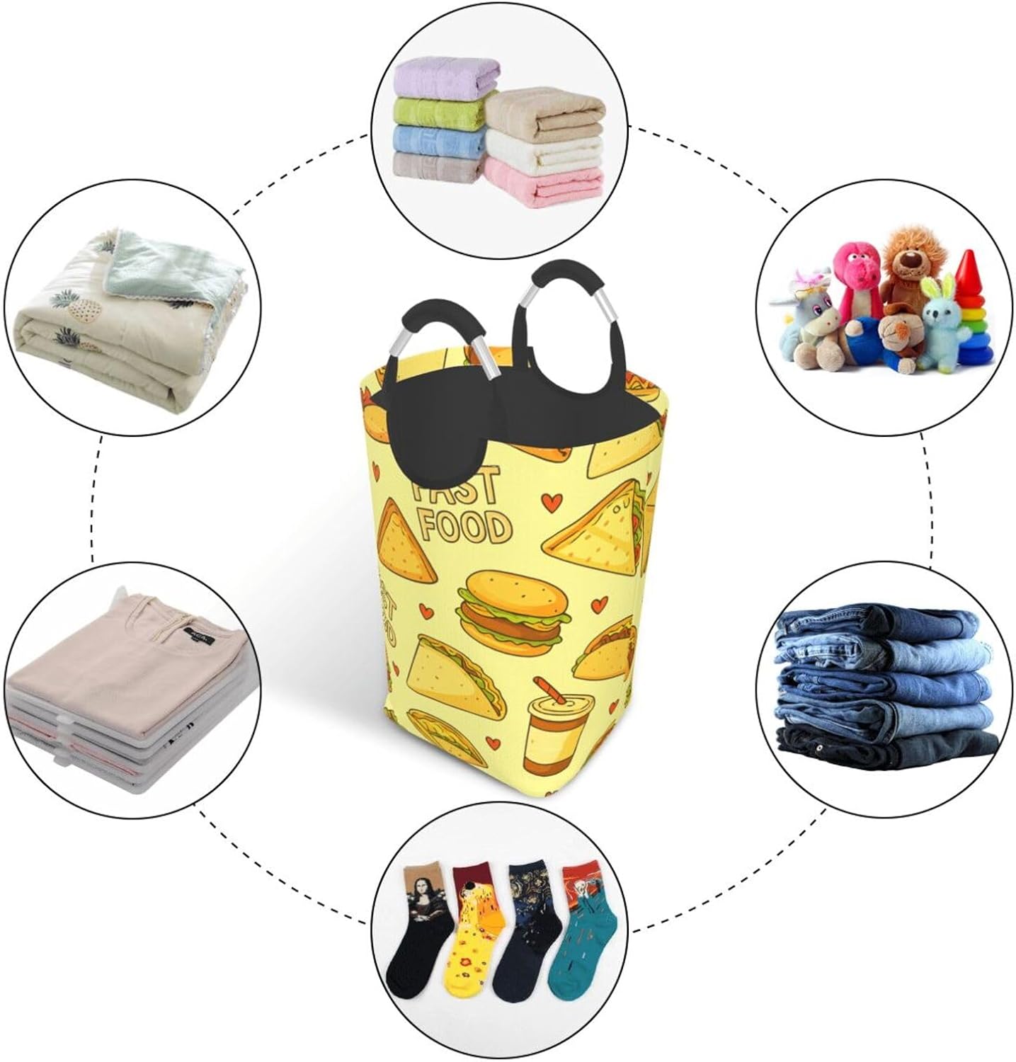 50l Laundry Basket Fast Food Pattern Waterproof Laundry Hamper Foldable Clothes Laundry Bag With Handles