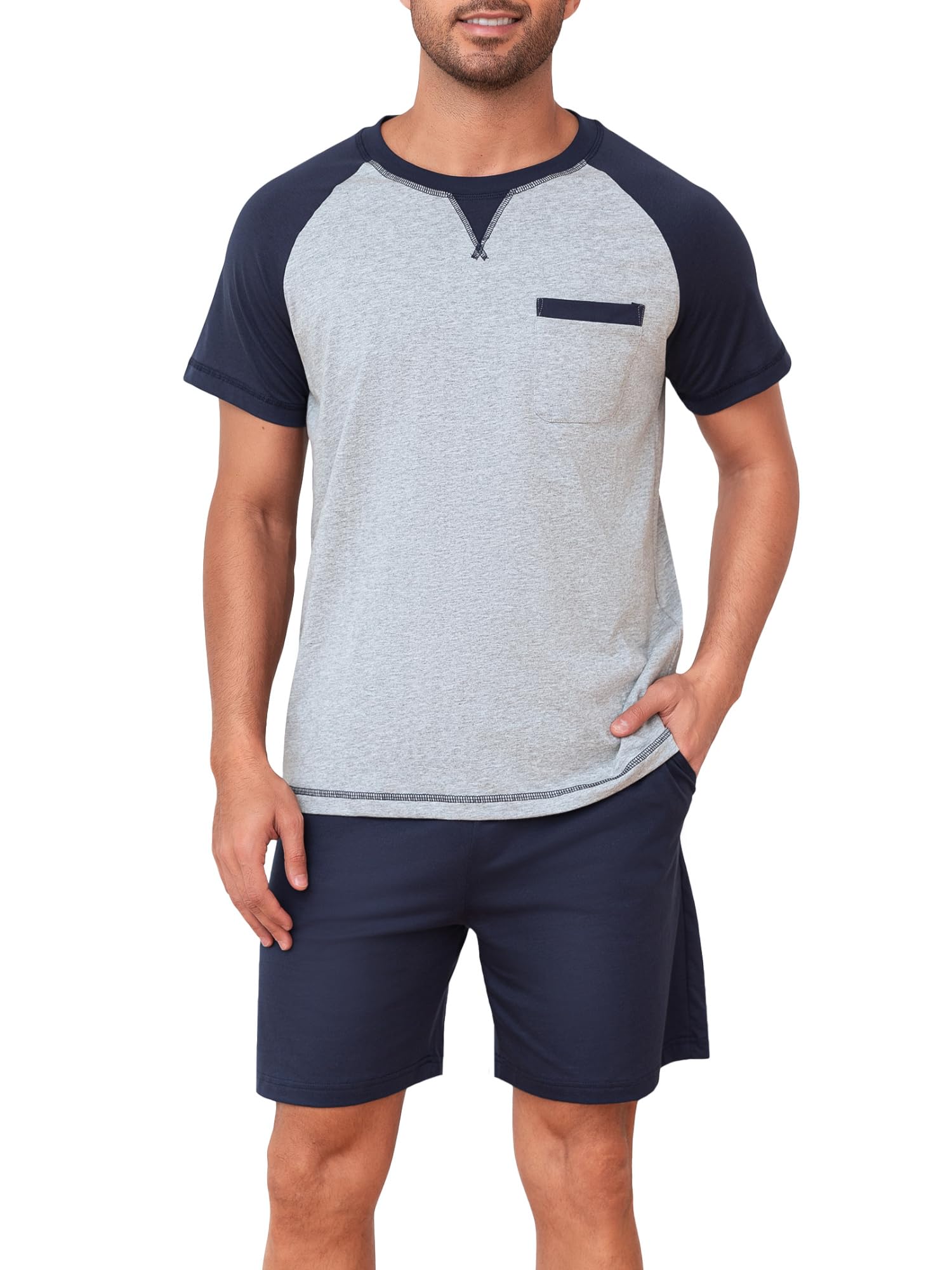 Winovia Herren Schlafanzug Kurz aus 100% Baumwolle - Sommer Pyjama Set mit Raglan-Ärmeln, Zweiteiliger atmungsaktiver Hausanzug für Männer, Nachtwäsche mit Brusttasche & Kordelzug