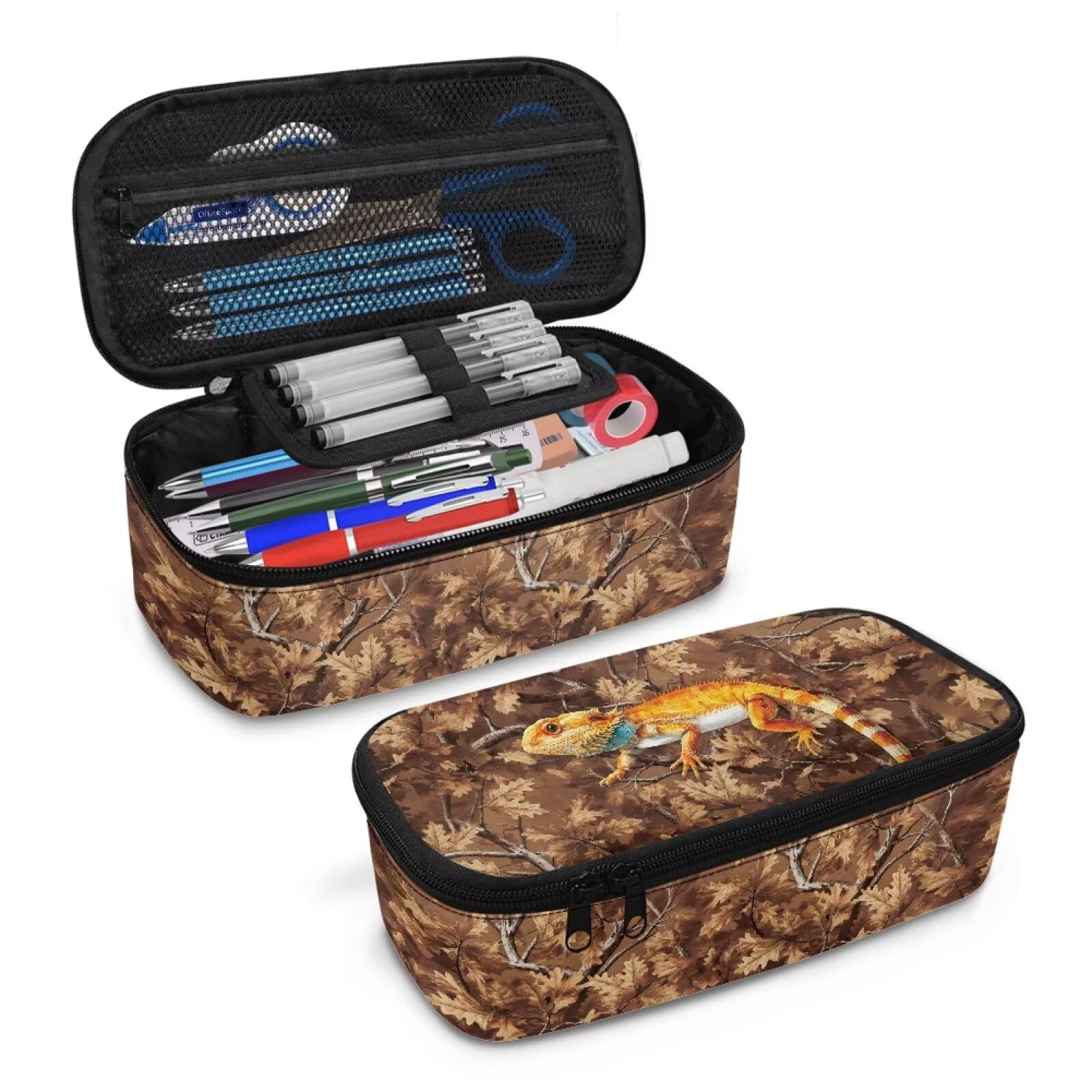 Lizard Leaf Camo Pencil Case for Boys Large Capacity Pencil Pouch for Kids Multi-function Portable Lightweight Pen Box with Strap for School