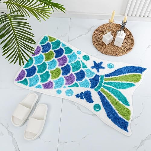 Miniatura 3 de Bonita alfombra de baño de sirena, divertida alfombra de baño con forma de cola de pez océano azul, escamas de sirena, para baño, antideslizante,
