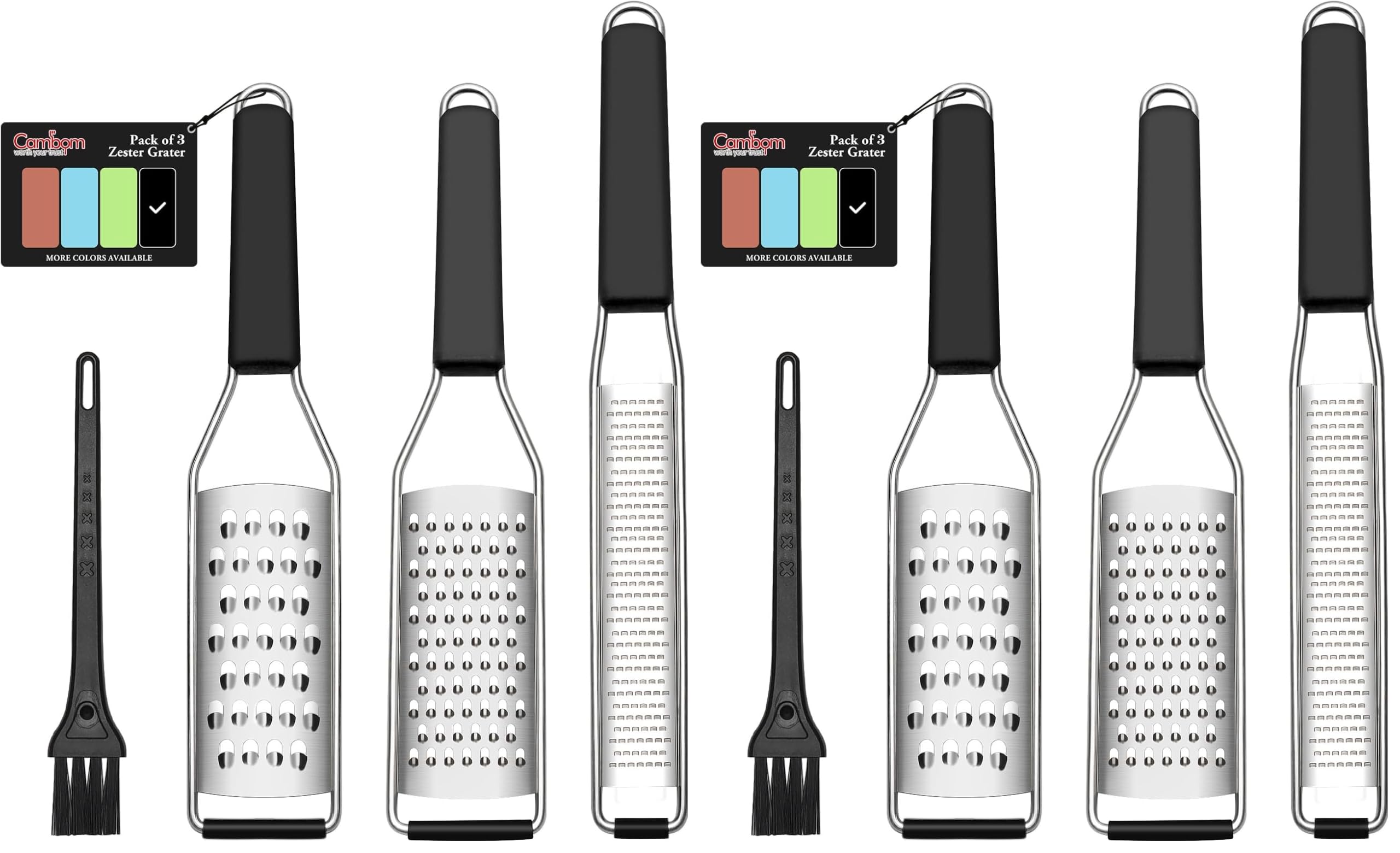 Cambom Lemon Zester Grater Three-piece Suit - Heavy Duty Kitchen Tool for Parmesan Cheese, Ginger, Garlic, Nutmeg, Chocolate, Vegetables，Fruits，Stainless Steel Grater Dishwasher Safe Black (Pack of 2)