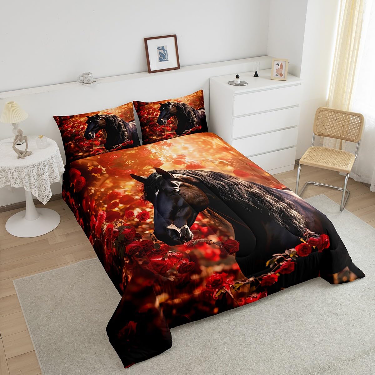 Feelyou Juego de edredón de caballo para niños y niñas, tamaño individual, edredón de caballo galopante, juego de ropa de cama floral de rosas para niños y adolescentes, juego de edredón para