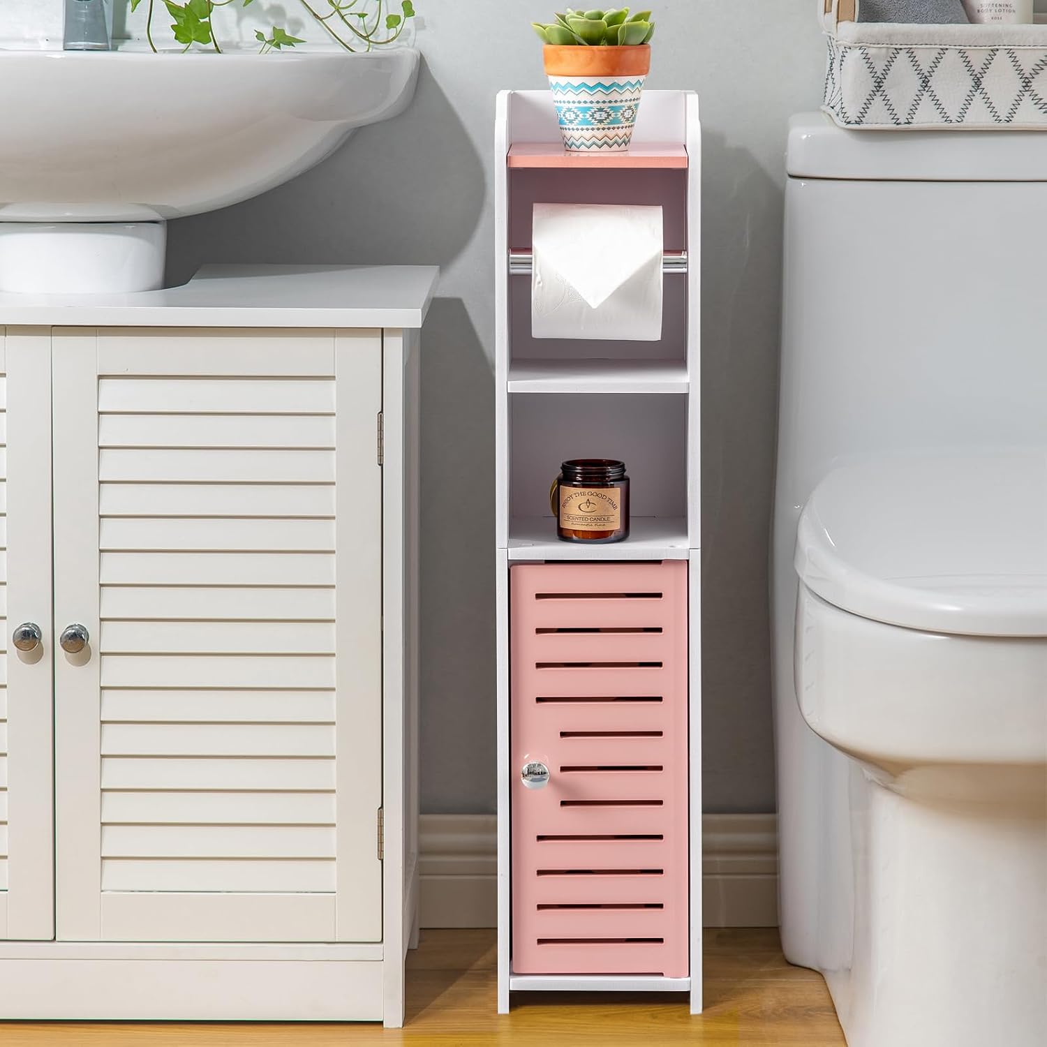 AOJEZOR Toilet Paper Holder Stand: Small Bathroom Storage Cabinet - Rose Dawn - White