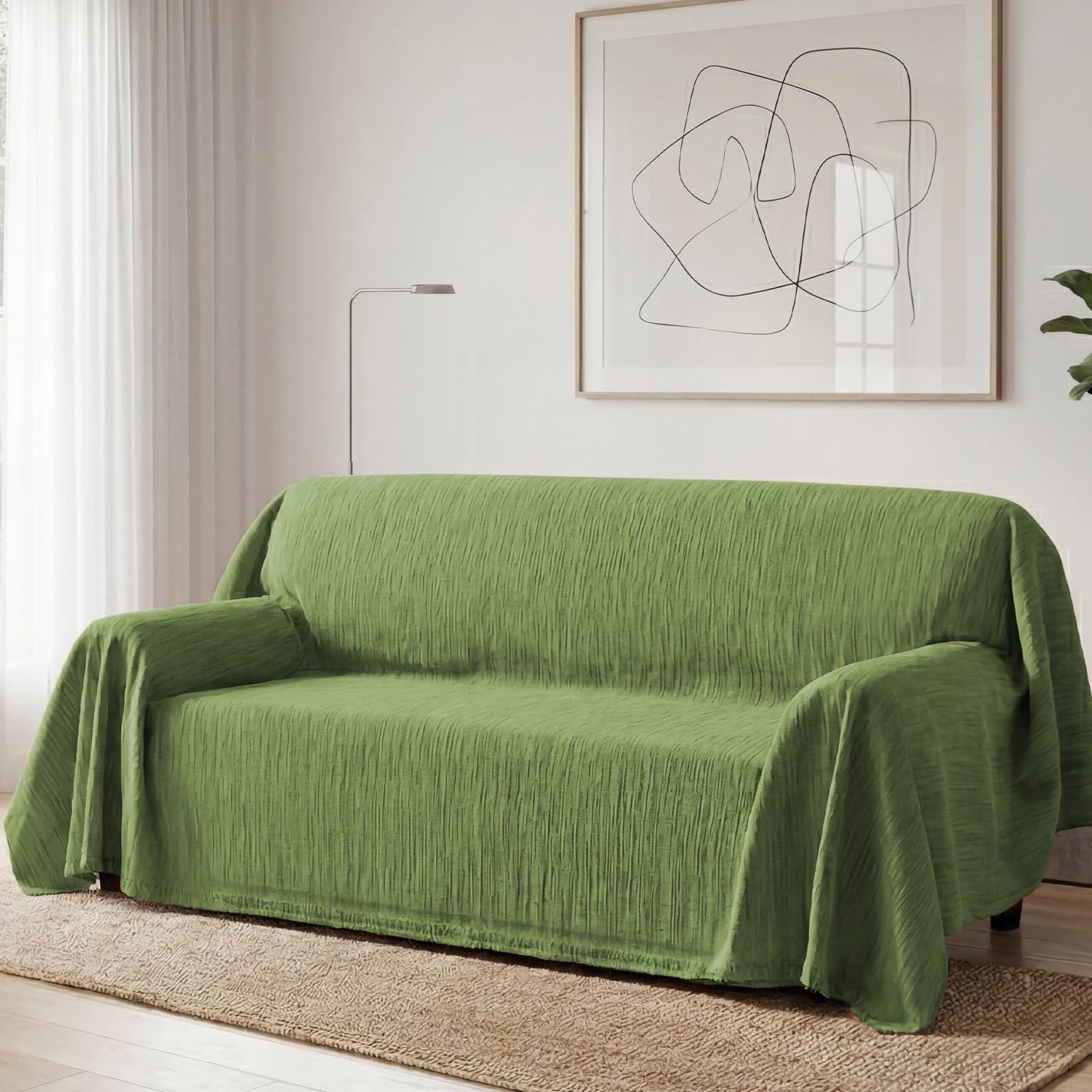 Bellahills Texture Green Sofa Cover 3 Seater Chenille Sofa Covers 2 Seater Armchair Covers L Shape Sofa Slipcover Non-Slip Couch Covers With Tassel Sofa Protector For Sectional Sofa, 180X340cm,