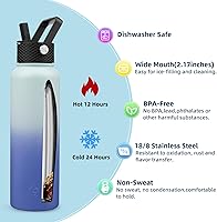 Vista 209 de BJPKPK - Botellas de agua aisladas con tapa de popote, botellas de agua de acero inoxidable de 40 onzas con 3 tapas, termo a prueba de fugas libre