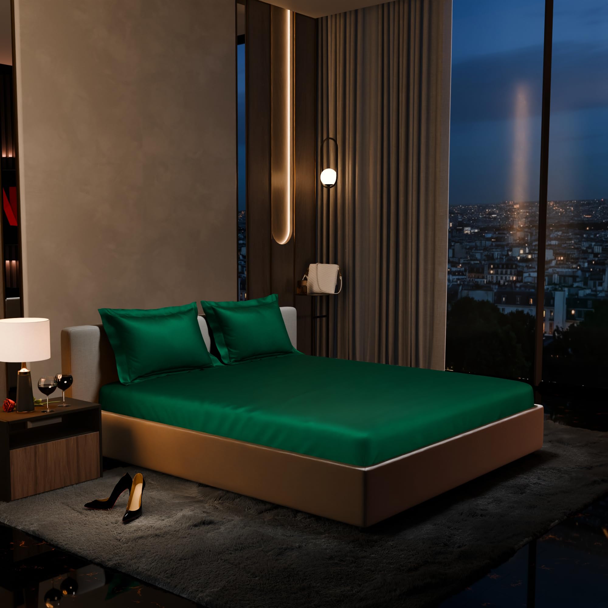 Stoa Paris 300TC UltraSatin King Bedsheet Set, 10” Drop Fitted Bedsheet with 2 Pillow Covers, Hypoallergenic, Wrinkle Free, Aesthetic Bedding, Home Decor, Gift, Date Night - Emerald Green