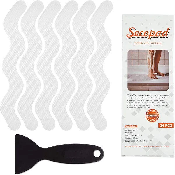 Secopad USA Patented Anti Slip Shower Stickers 24 PCS Safety Bathtub Strips Adhesive Decals with Premium Scraper for Bath Tub Shower Stairs