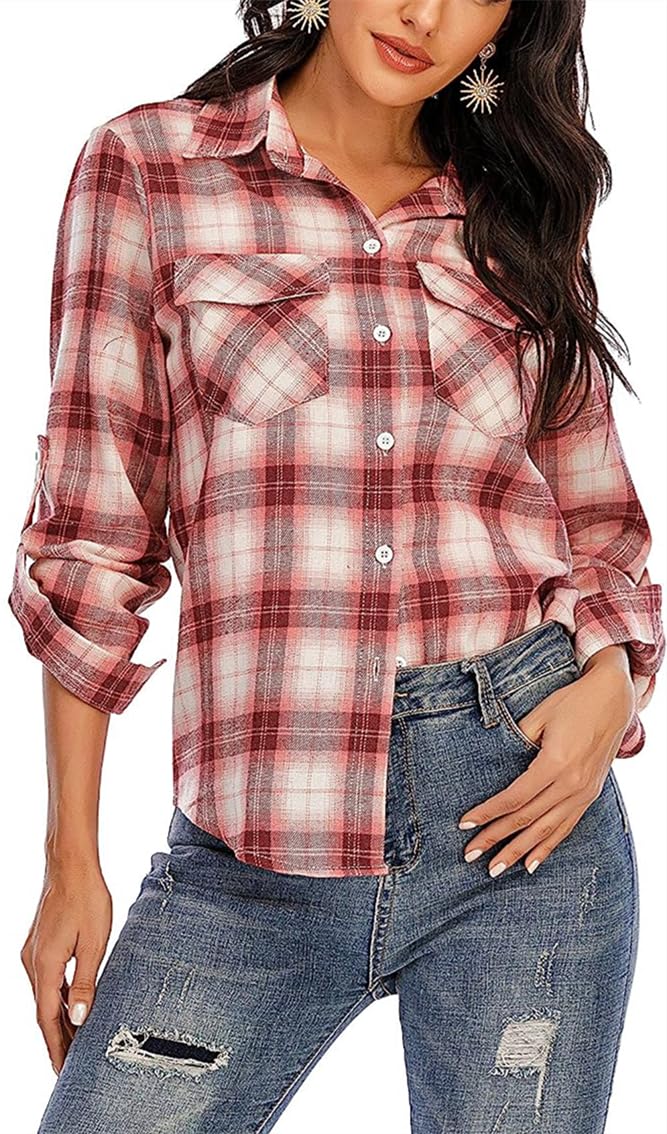 Donna Camicia a Quadri in Flanella Classico Blusa 100% Cotone Maniche Lunghe Camicetta in Base Top Casual