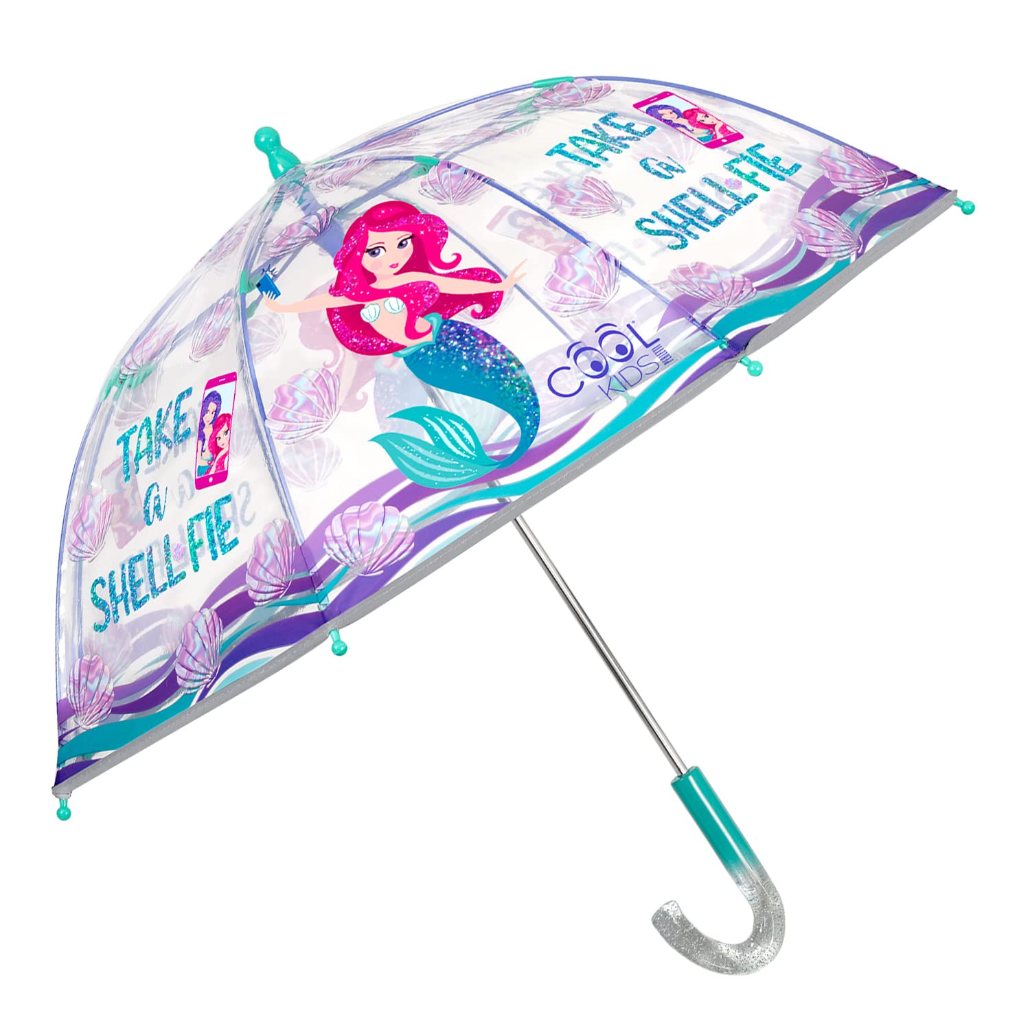 PERLETTITransparent Stick Umbrella with Colourful Print - Manual Dome Brolly with Reflective Details - Clear Manual Umbrella for Girls 3 4 5 Years Windproof - Diameter 64 cm