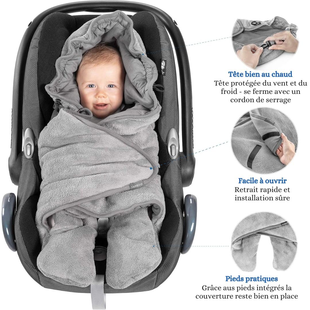 Zamboo Couverture Enveloppante Bébé avec Pieds, Nid d'ange Bebe Hiver Polaire pour Sièges-Auto (Convient Bébé Confort, Cybex, Römer), avec Sac - Gris