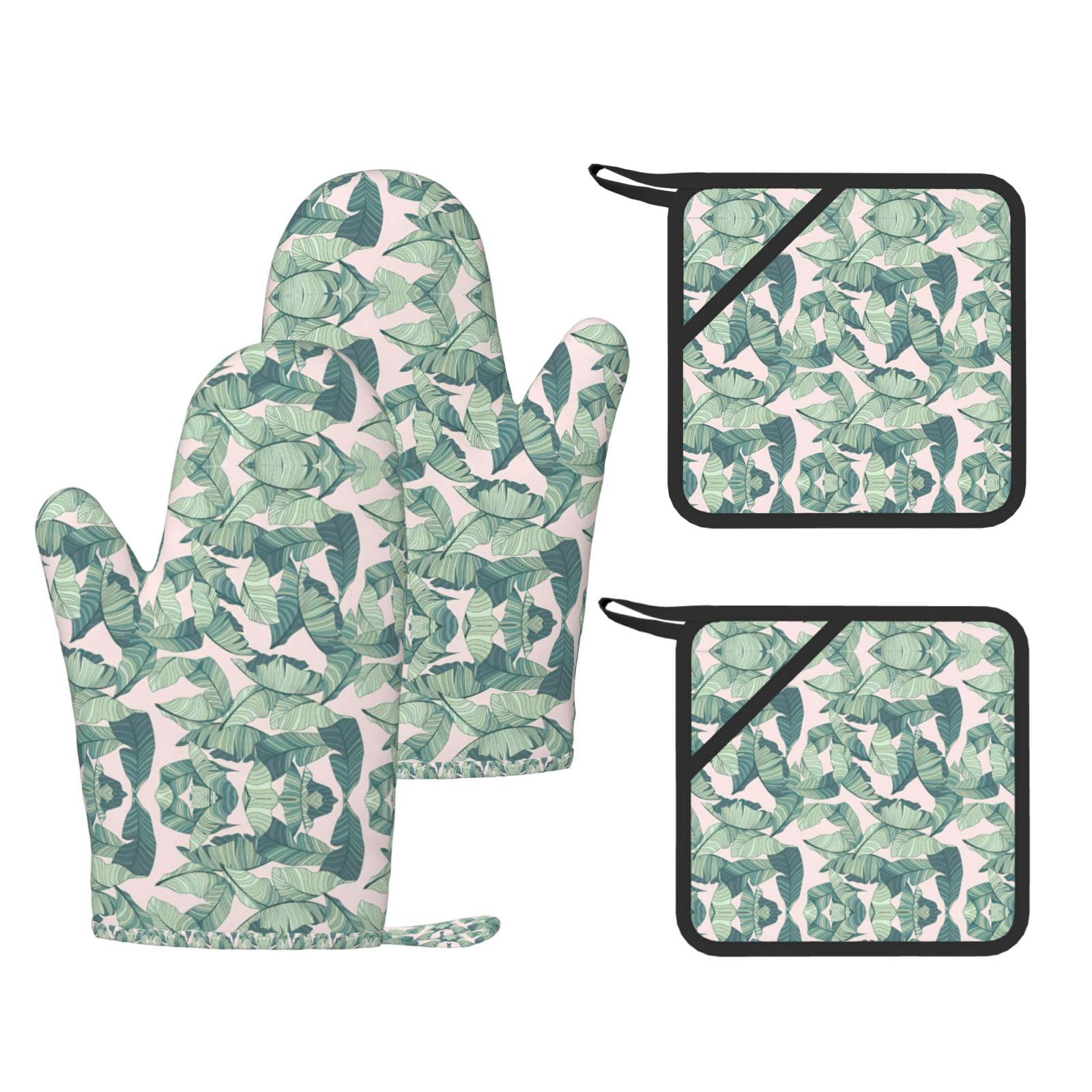 Eeprty Black Palm Tree Leaves. Printed Kitchen Oven Gloves And Potholder 4 Pcs, Non-Slip Heat Resistant Mitts For Baking Chef