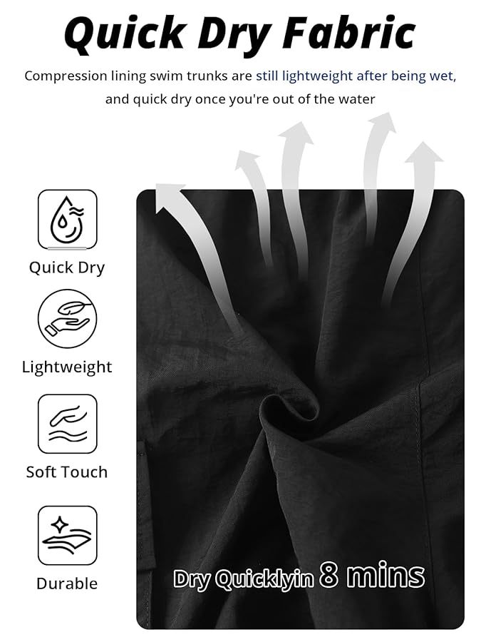 INCERUN Men's Swim Trunks with Compression Liner 2 in 1 Board Shorts Quick Dry Bathing Suit Swimsuit Swimming Trunks for Men Long Swim Shorts with Pockets Black Medium - image 6