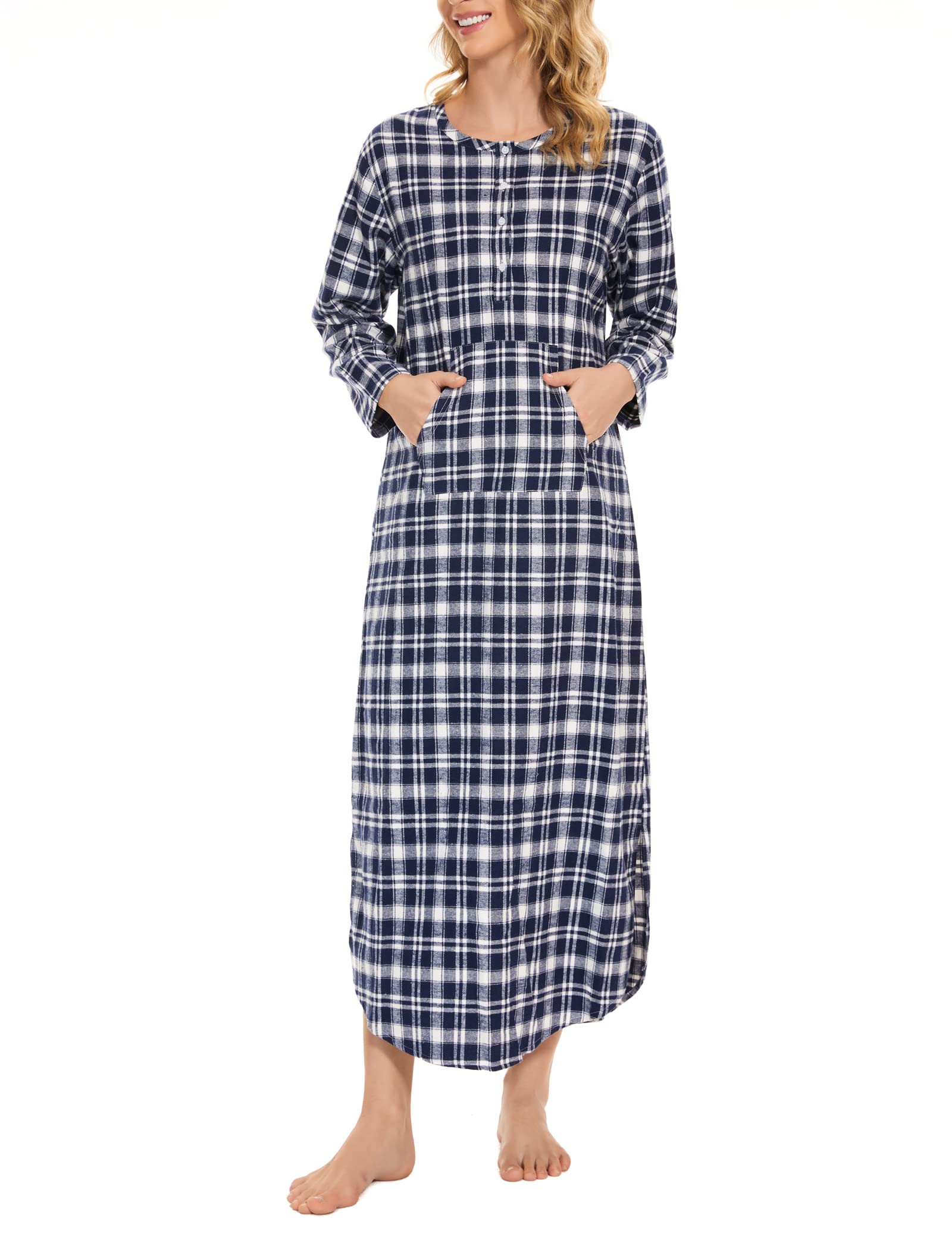 Zerbala Camisón largo de franela para mujer, manga larga, talla grande