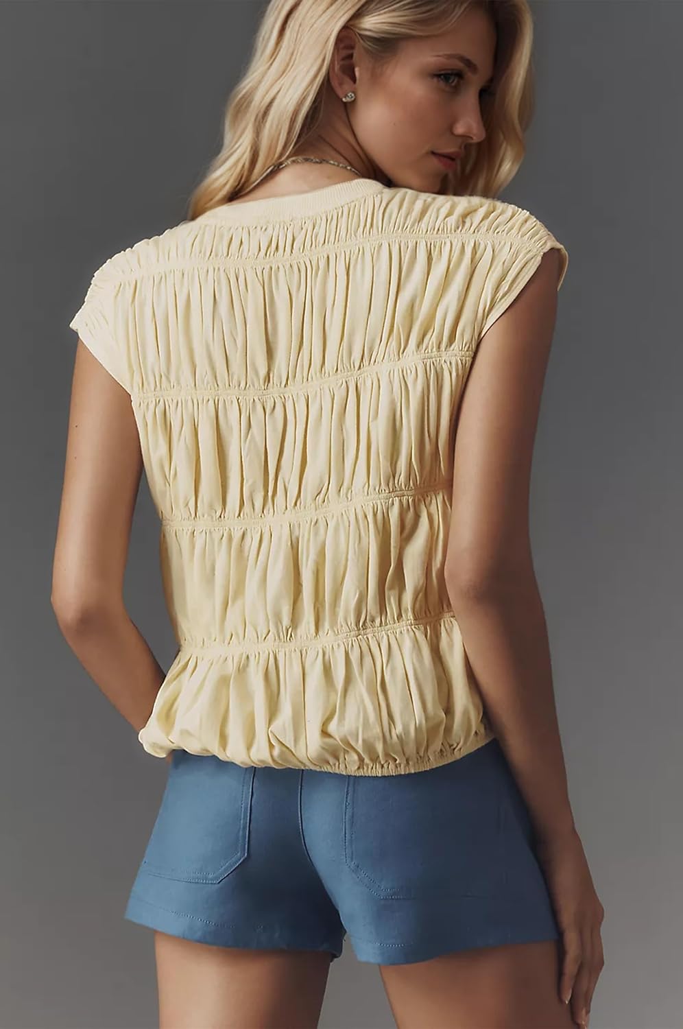 Livtany Women's Cap Sleeve Shirred Tank Tops Crew Neck Tiered Bubble Babydoll Cute Blouse Top Solid Loose Fit Tee Shirts - Image 4