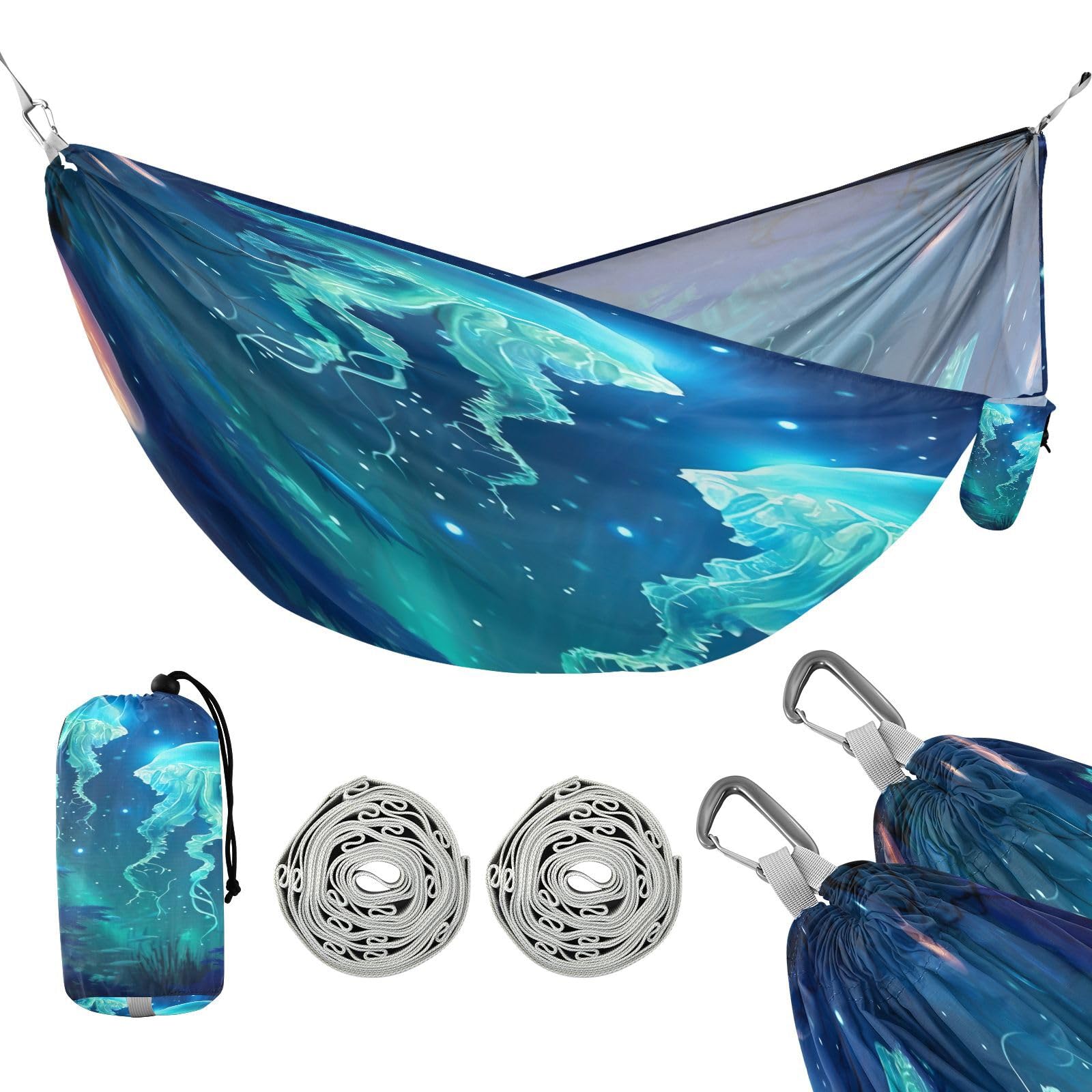 SDMKA Dreamy Jellyfish Camping Hammock, 330 lbs with 2 Tree Straps, Carry Bag, Single Portable Hammock for Outdoor/Indoor, Hiking, Beach, Backpacking, Travel
