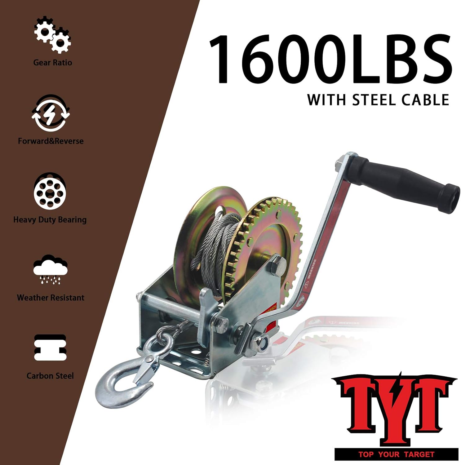 TYT 1600lb Boat Trailer Winch with 26ft Steel Cable, Gear Ratio 4.1:1 Hand Winch with Mooring Hook, Hardened Steel Crank Manual Winch for Towing SUV UTV ATV Truck Winch (1600lb with Cable Zinc Winch): Home Improvement