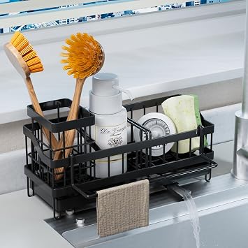 iHomara Sink Organizer, Stainless Steel Dish Rack, Sponge Holder, Soap Holder, 4 Compartments, Black