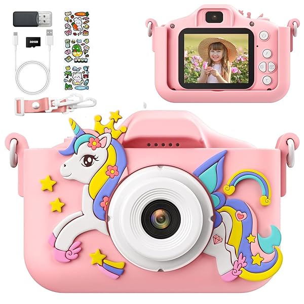 PHNIXGAM Pink Children's Digital Camera, Digital Camera for Toddlers, Boys, Girls, Mini Children's Selfie Camera Toy with 2 Inch Screen, 32 GB Card for Age 3-12 Birthday