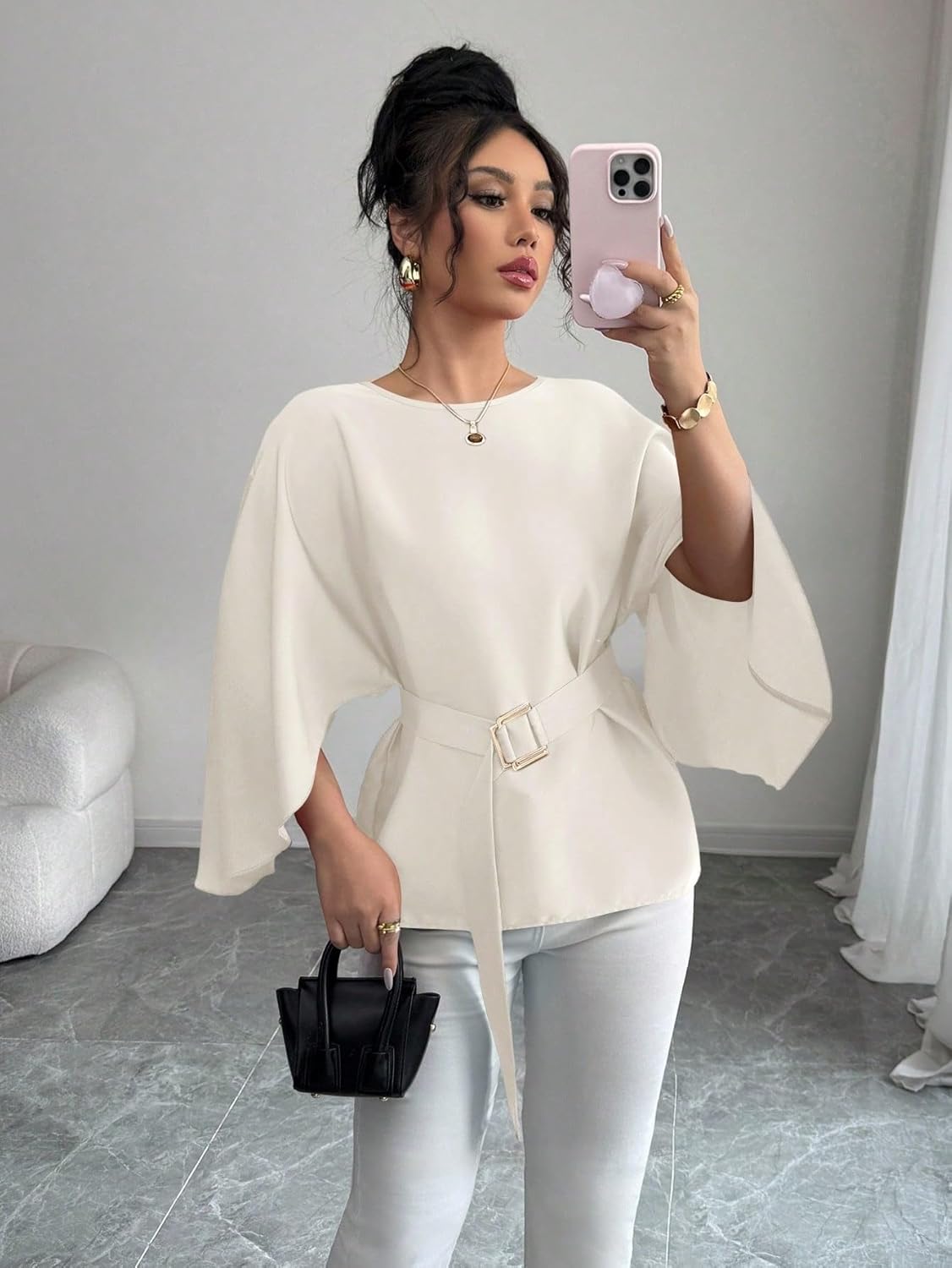 LALAGEN Womens Blouses Women French Style Round Neck Flutter Sleeve Self-Tie Waist Shiny Blouse, Christmas Tops - Image 4