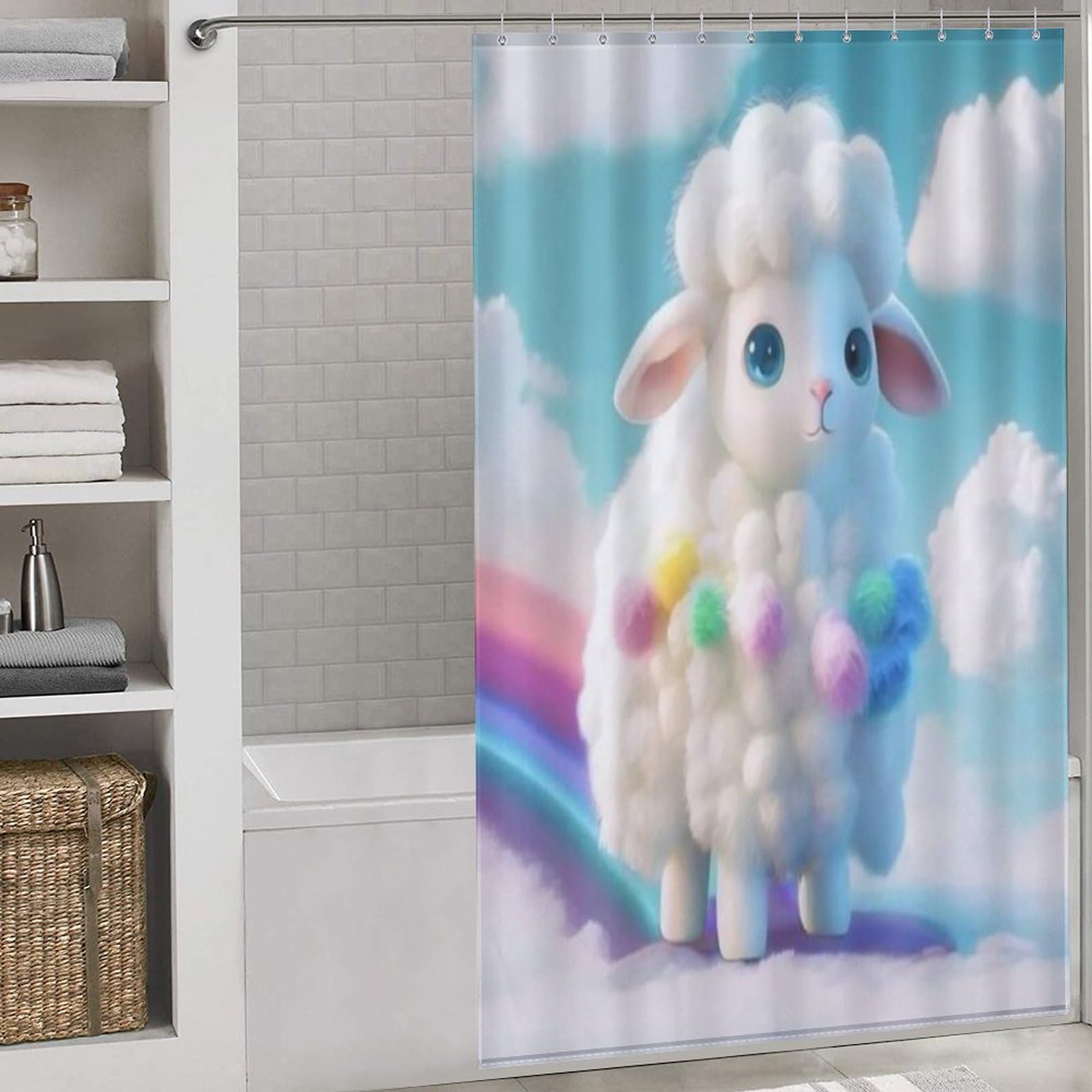 Rideau de douche tissu polyester étanche et facile à nettoyer motif mouton mignon