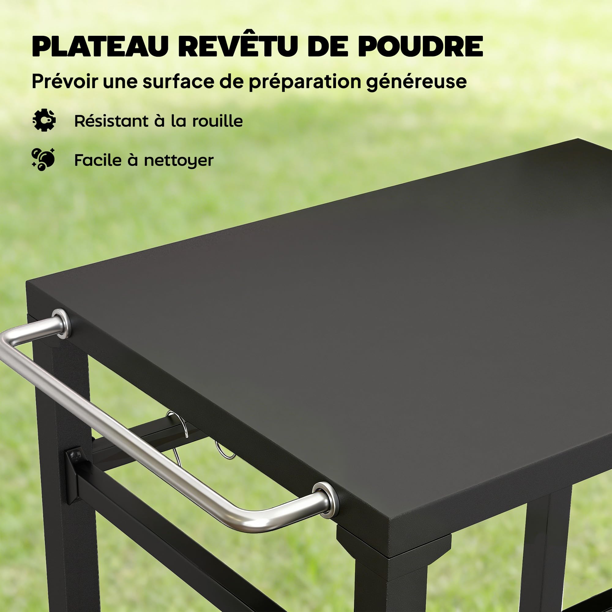 Outsunny Desserte Jardin Chariot de Barbecue sur roulettes îlot de Cuisine en métal avec Crochets, 2 poignées, roulettes verrouillables, étagère, 90,5 x 55 x 88 cm, Noir