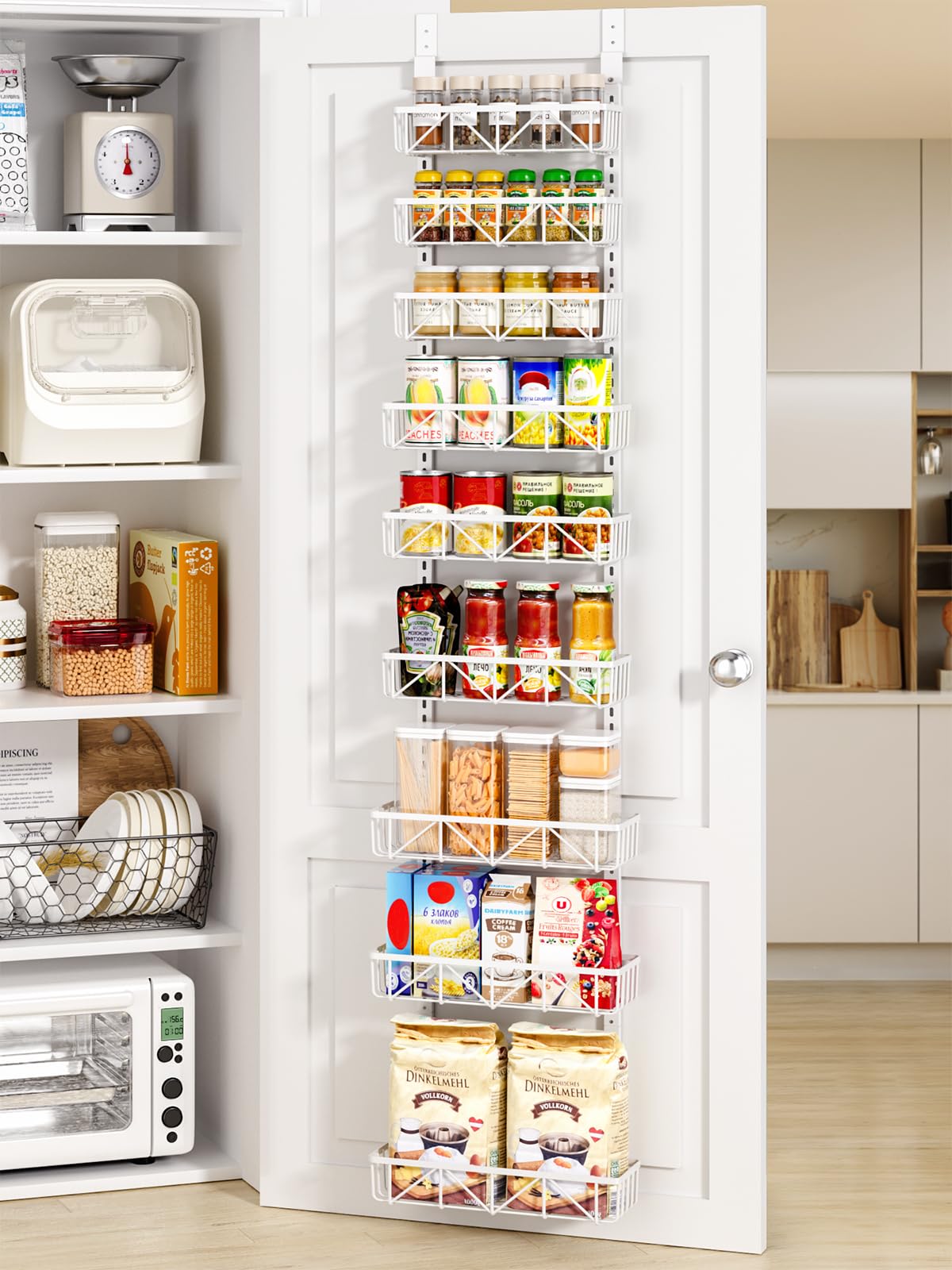Delamu Narrow 9-Tier Over the Door Pantry Organizer, Adjustable Pantry Storage, Metal Hanging Spice Rack, Cabinet Door Organizer for Kitchen, Bathroom, Laundry Room, 12.5