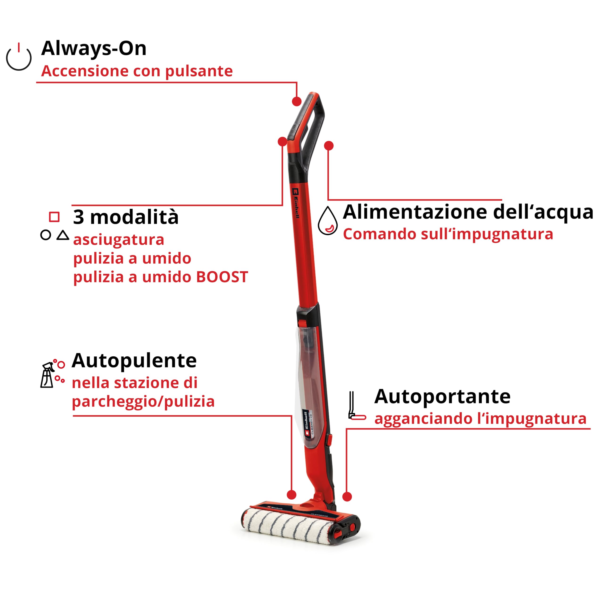 Pulitrice per pavimenti a batteria Einhell CLEANEXXO Power X-Change (18 V, rullo spazzola 290 mm, modalità BOOST, funzione autopulente, alimentazione dell'acqua regolabile, senza batteria)