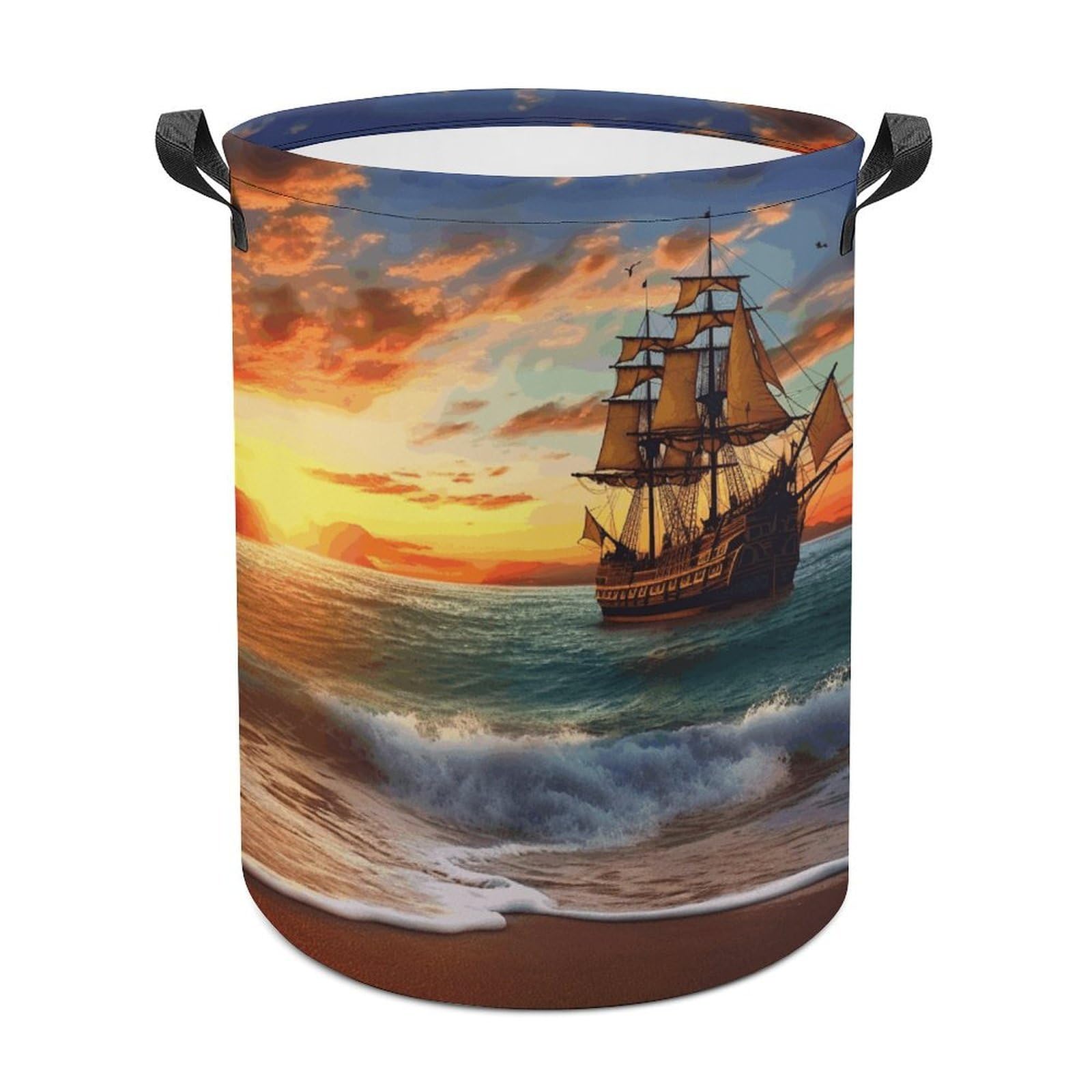 Pirate Ship in The Sunset Laundry Basket Large Foldable Laundry Hamper Waterproof Clothes Hamper with Handles Durable Dirty Clothes Storage Bucket for Bedroom Bathroom Laundry Room