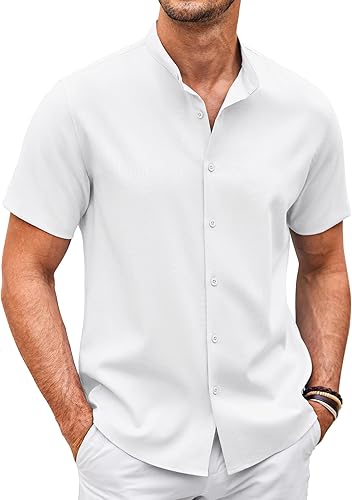 COOFANDY Camisas casuales con botones para hombre, manga corta, cuello de bandas, camisas de vestir lisas para verano y playa